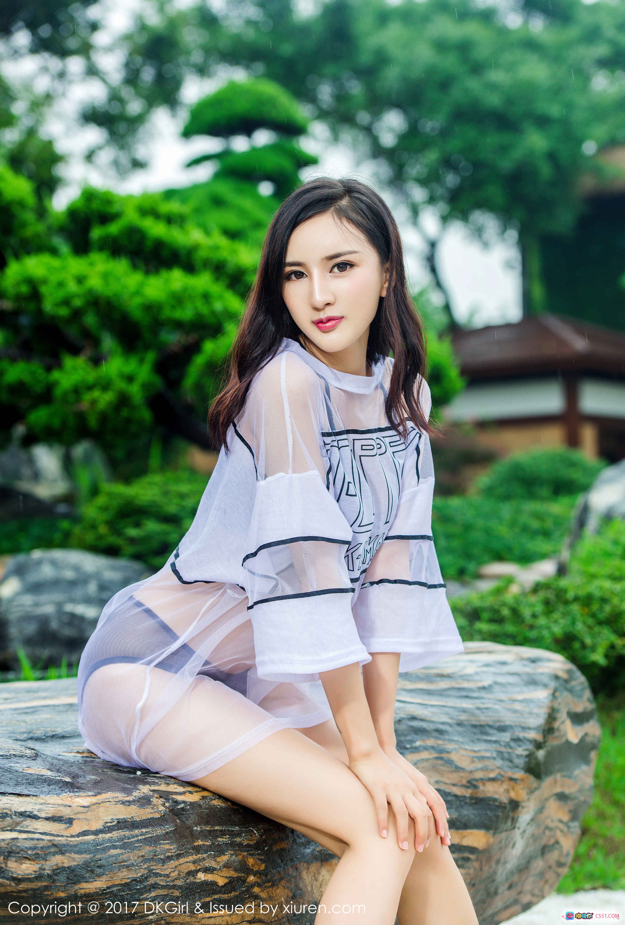 图片[1] - 梅哥户外写真 | DKGirl 2017 Vol.026 白色透视装 绿意园林 石上坐姿 清新自然风 美女摄影集 - 就要吻