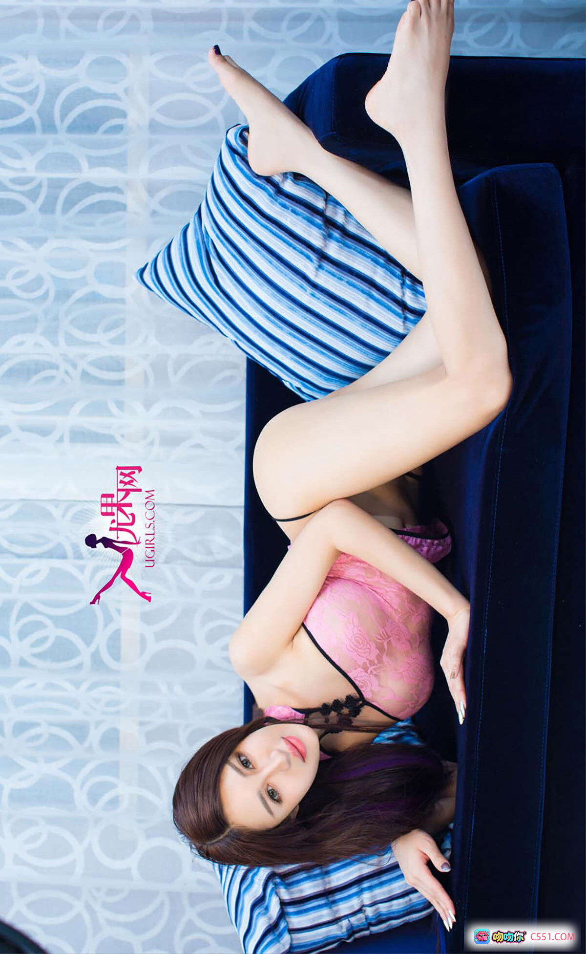 图片[9] - Ugirls尤果网爱尤物2015No.150信悦儿粉色蕾丝内衣蓝条纹床品性感写真私房美图 - 就要吻