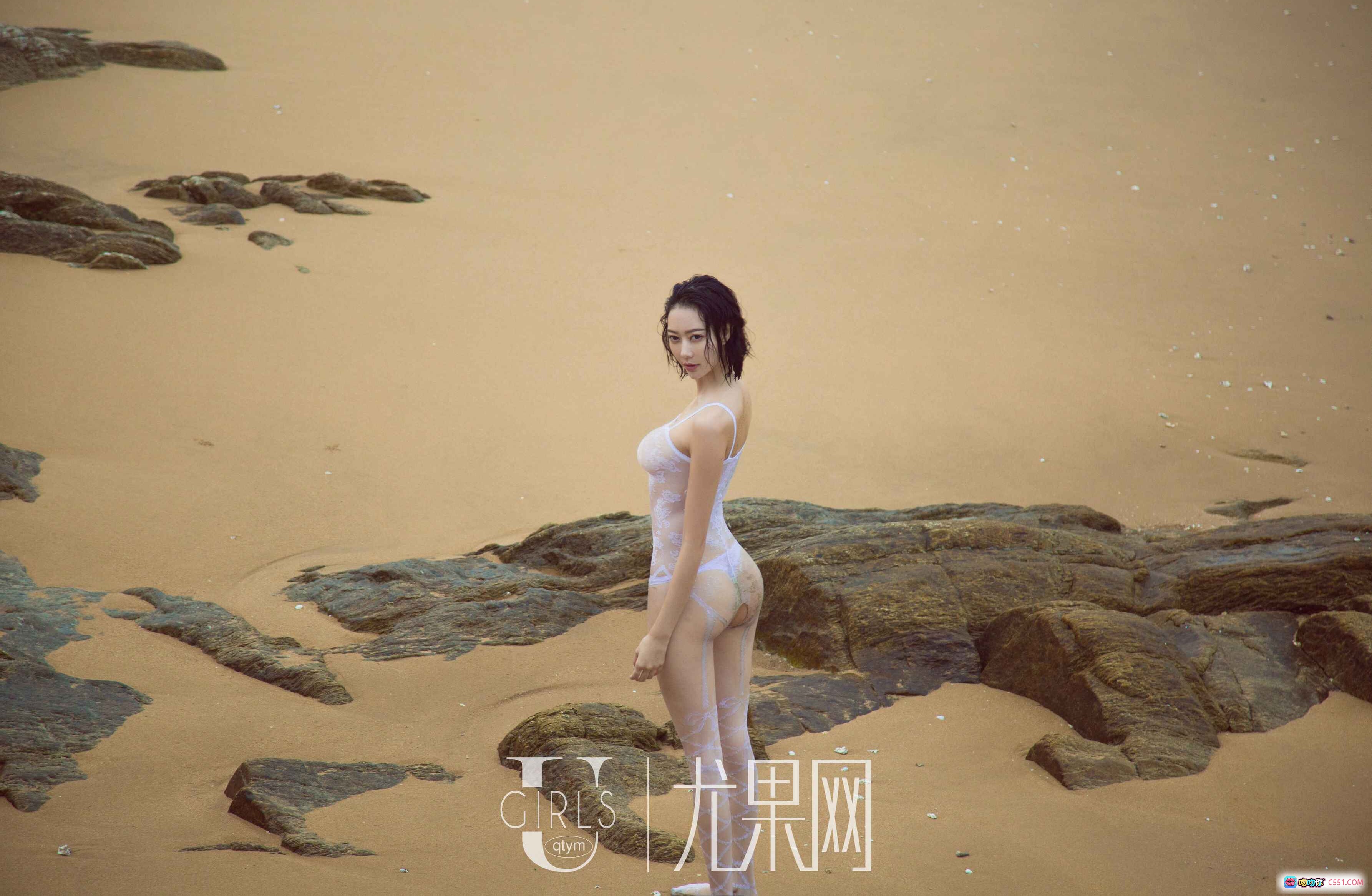 图片[4] - 艺轩海边写真 | 条纹衬衫泳装 | Ugirls尤果网2017精选 | 性感短发美女 | 沙滩海浪背景 - 就要吻