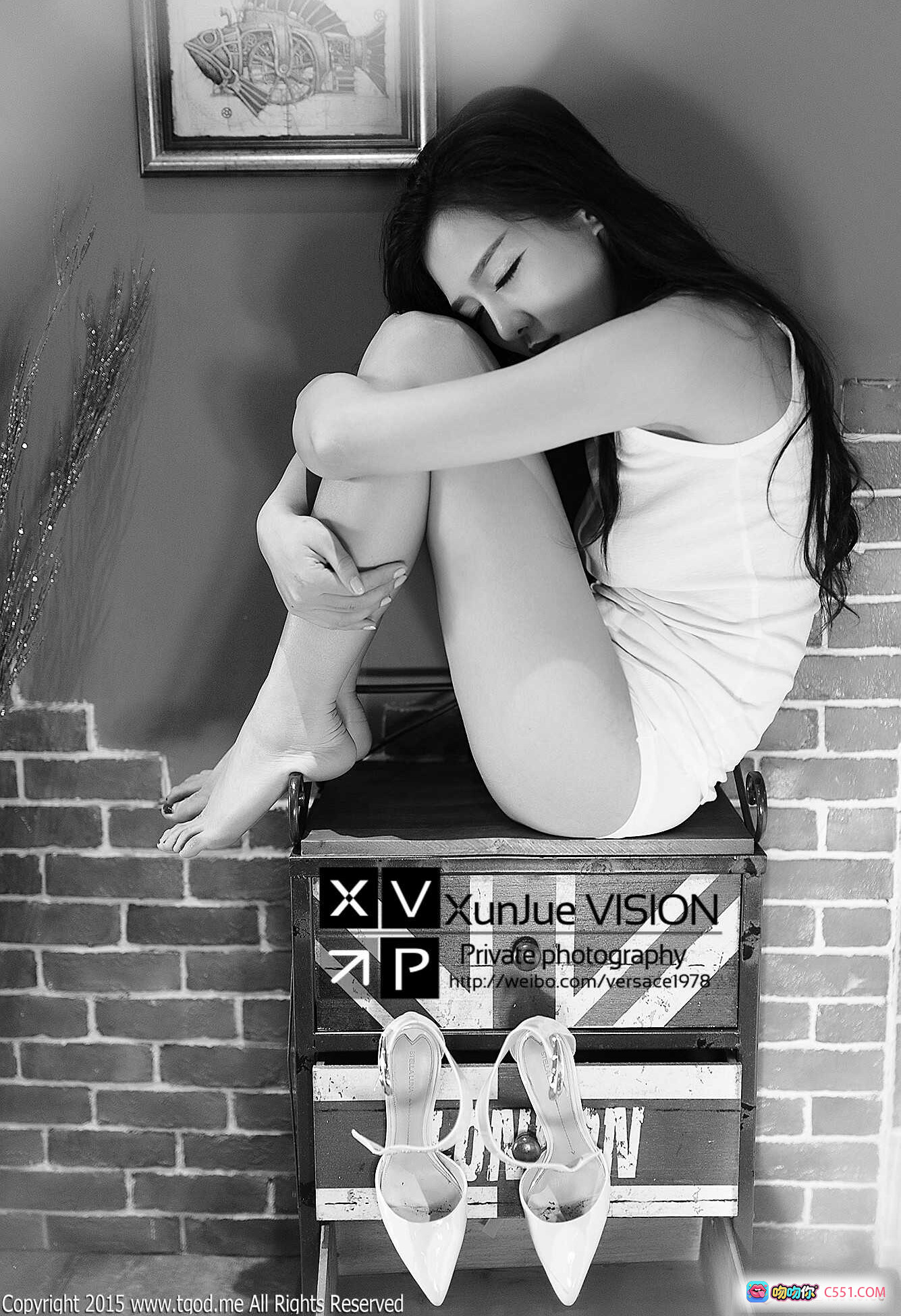 图片[1] - TGOD推女神2015个性性感写真 猪圈圈福利降临 黑白艺术私房照 长发美女抱膝坐木箱 砖墙背景高跟鞋点缀 XunJue VISION摄影 - 就要吻
