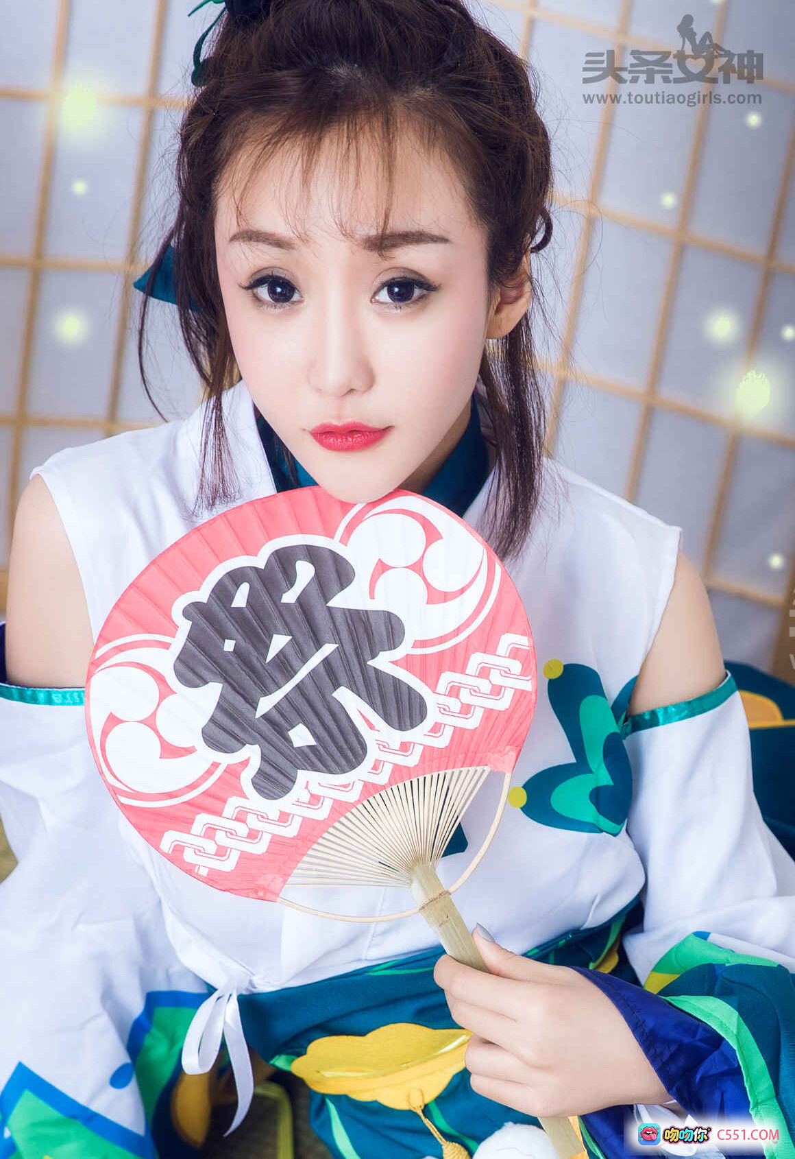 图片[6] - 头条女神米粒儿古风写真：白绿和服造型+蓝色花伞+日式屏风背景+清纯甜美妆容+盘发蝴蝶结发饰 - 就要吻