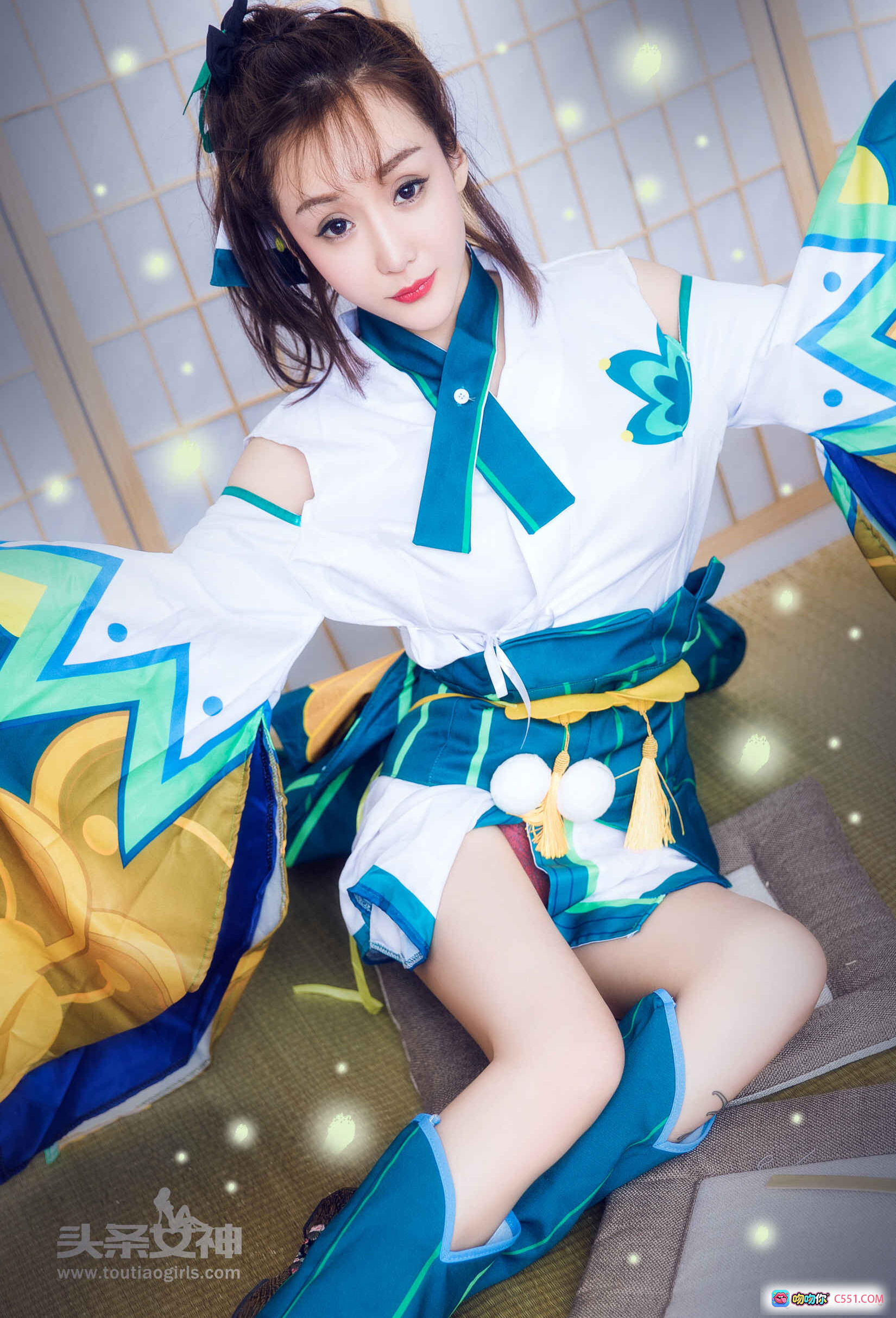 图片[7] - 头条女神米粒儿古风写真：白绿和服造型+蓝色花伞+日式屏风背景+清纯甜美妆容+盘发蝴蝶结发饰 - 就要吻