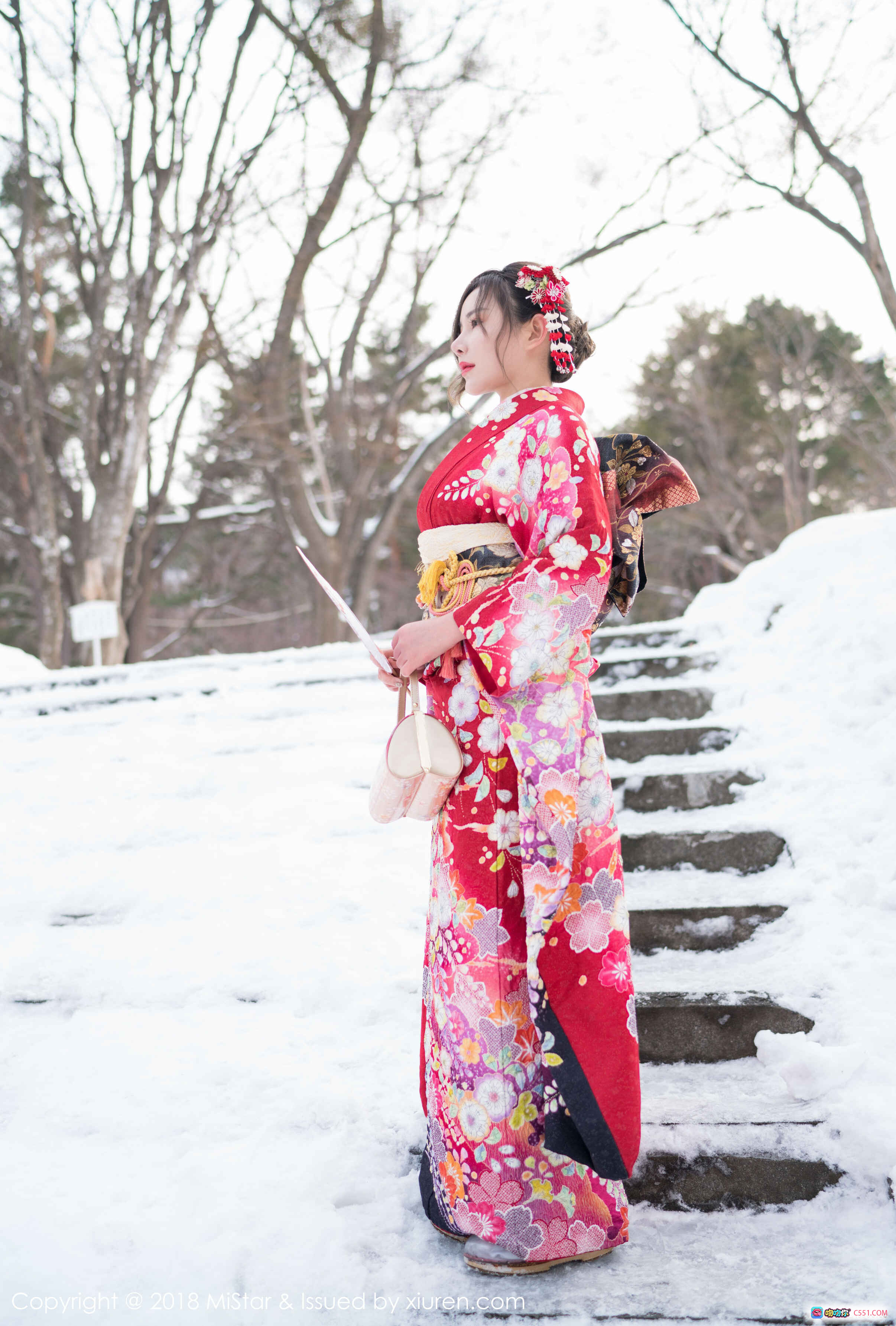 图片[6] - 雪景神社和服写真 | 红色樱花振袖 | 日式传统服饰 | 冬季户外拍摄 | 手持团扇写真 | MiStar 2018 Vol.228 小奶昔Kyra - 就要吻