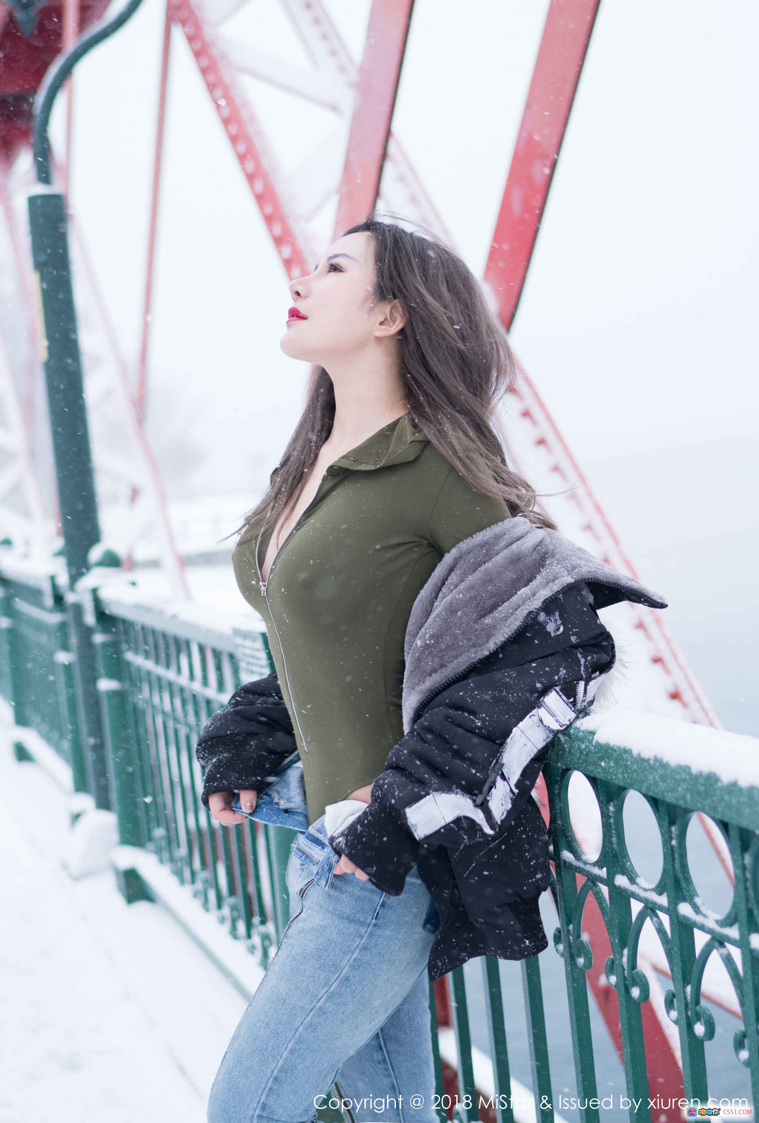 图片[2] - MiStar 2018.02.27 VOL.212 大奶昔Kyra 军绿连帽紧身衣 雪地木板背景 性感写真 美腿翘臀 时尚摄影 - 就要吻