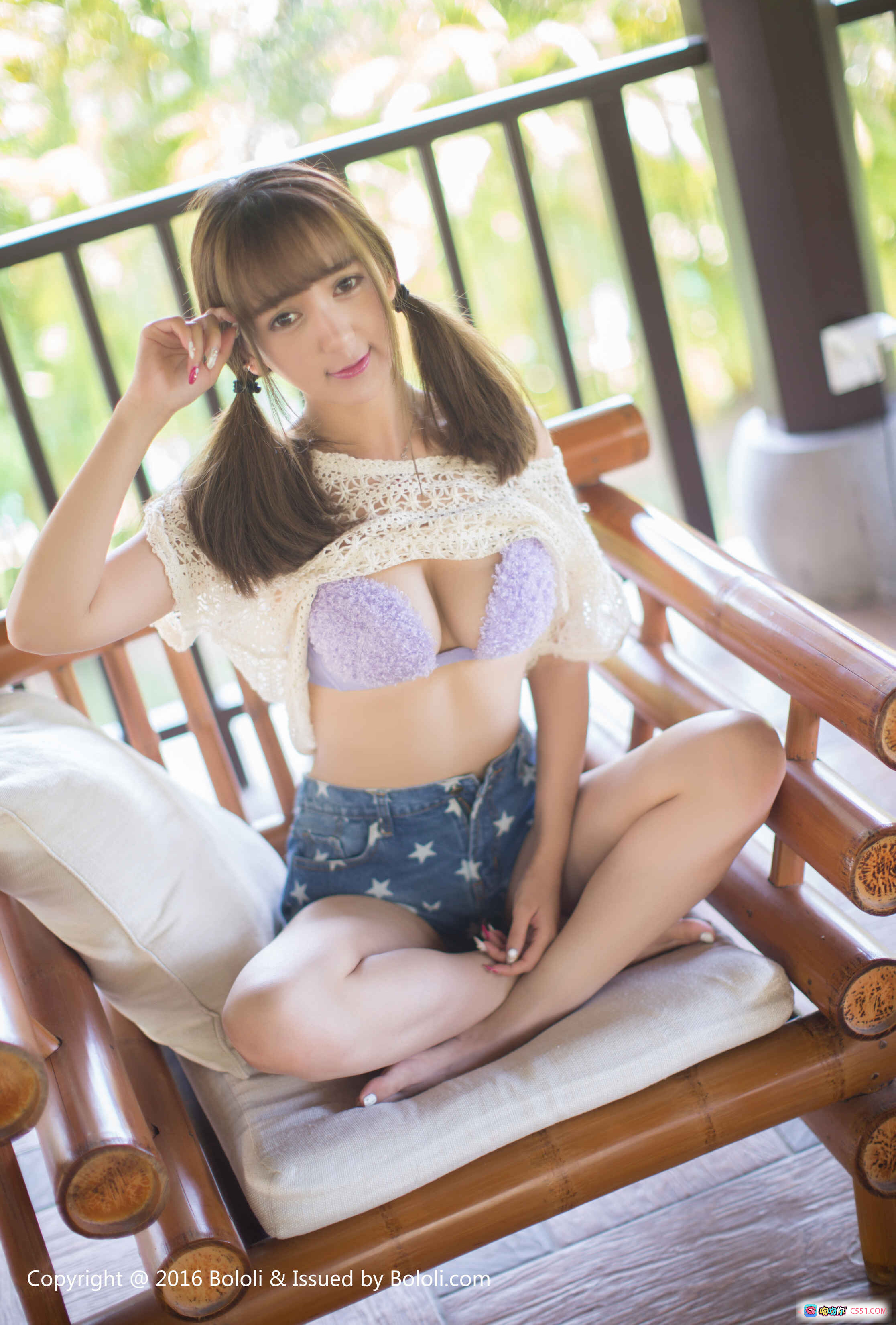 图片[2] - BoLoli波萝社VOL.116小潘鼠性感写真｜紫色蕾丝内衣+星星牛仔短裤｜甜美双马尾私房床照 - 就要吻