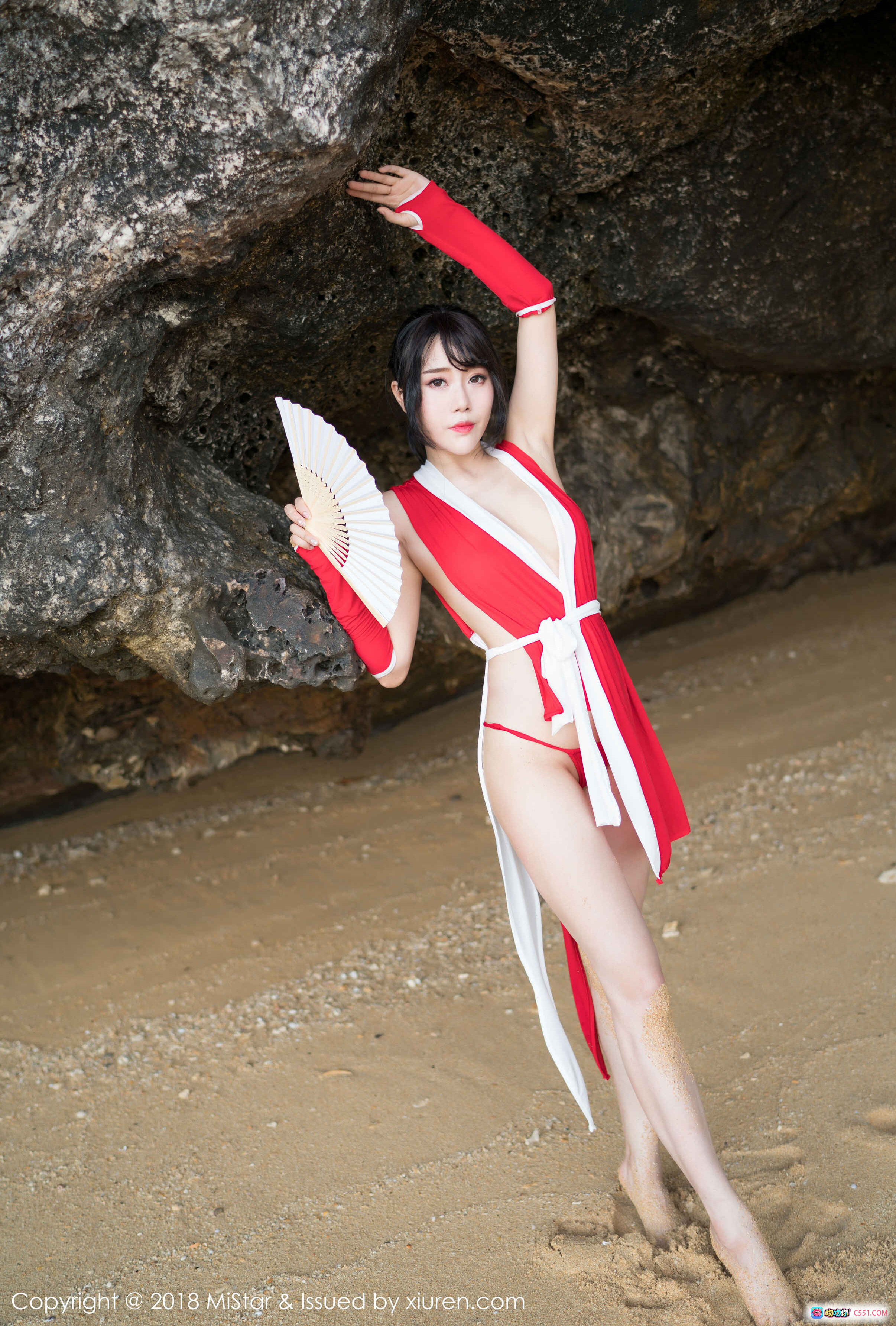 图片[7] - MiStar 2018.03.14 VOL.215 兜豆靓Youlina 红色比基尼岩石写真 性感美腿长发少女 持扇躺姿自然风光摄影 - 就要吻