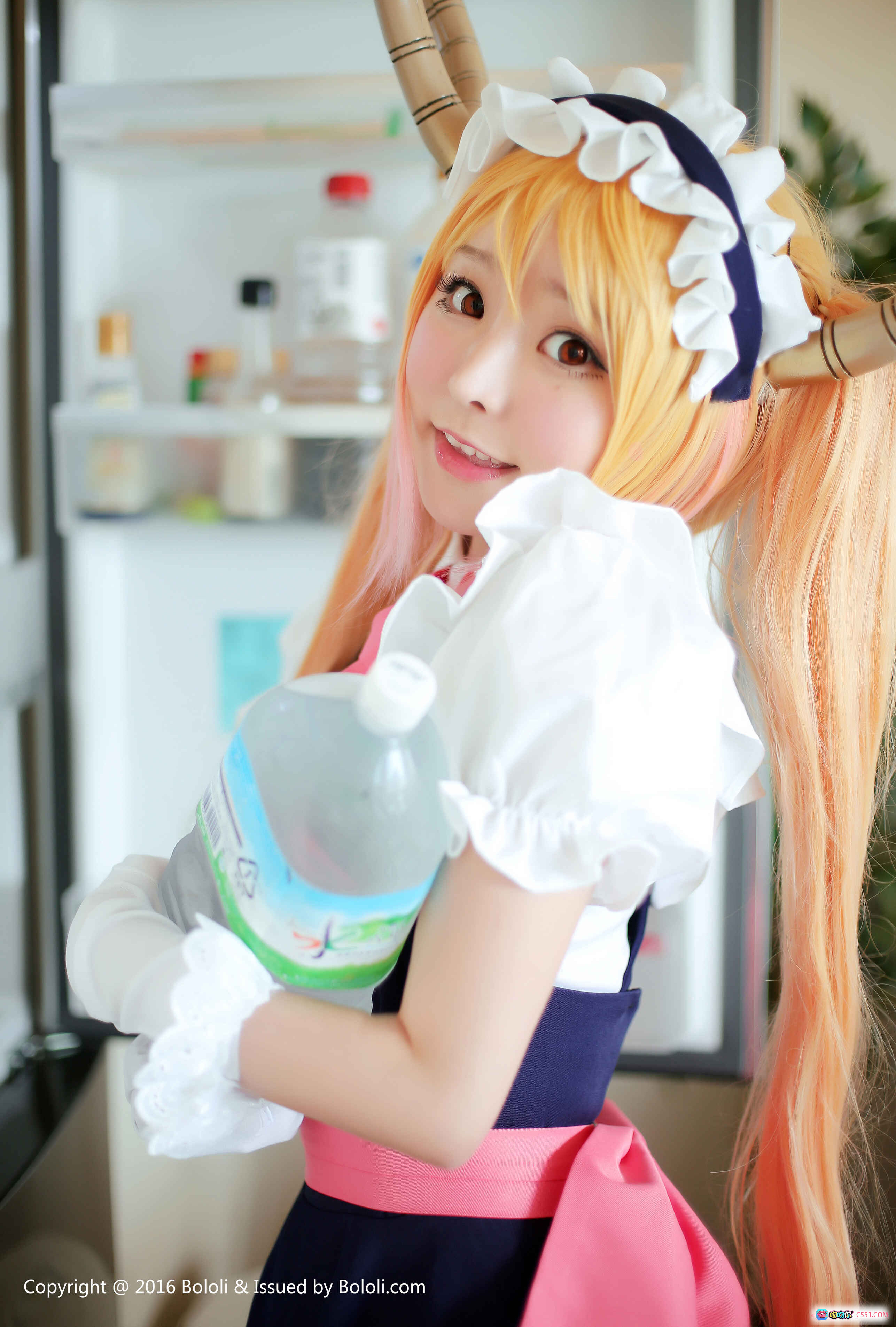 图片[10] - 柳侑绮cosplay绿发少女戴粉色帽角饰黑色背心写真BoLoli波萝社VOL.047高清美图 - 就要吻