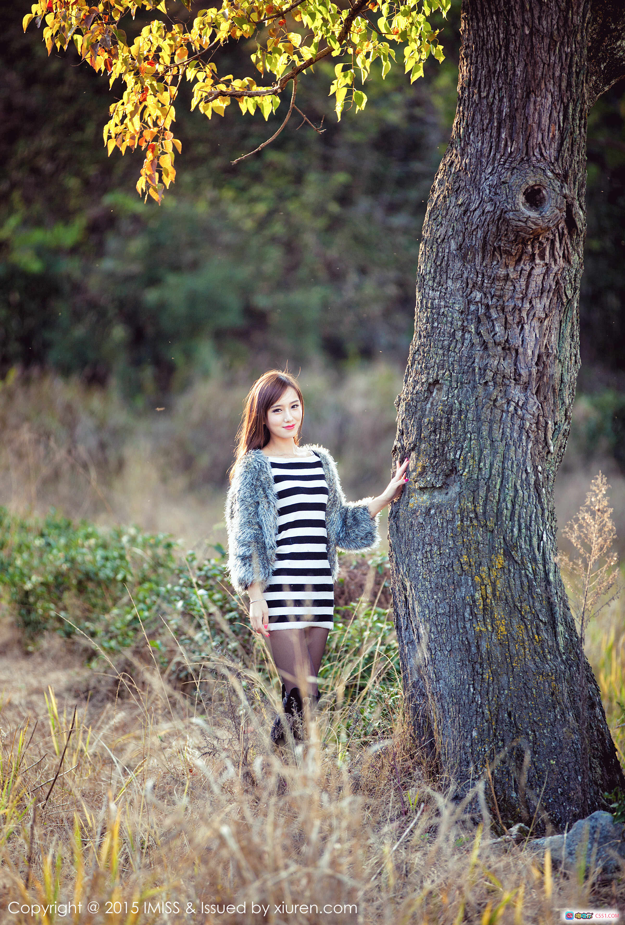 图片[7] - 李玉洁Daisy户外写真｜条纹连衣裙+毛绒外套｜自然田野树旁优雅摆拍｜IMiss爱蜜社2015精选图集 - 就要吻