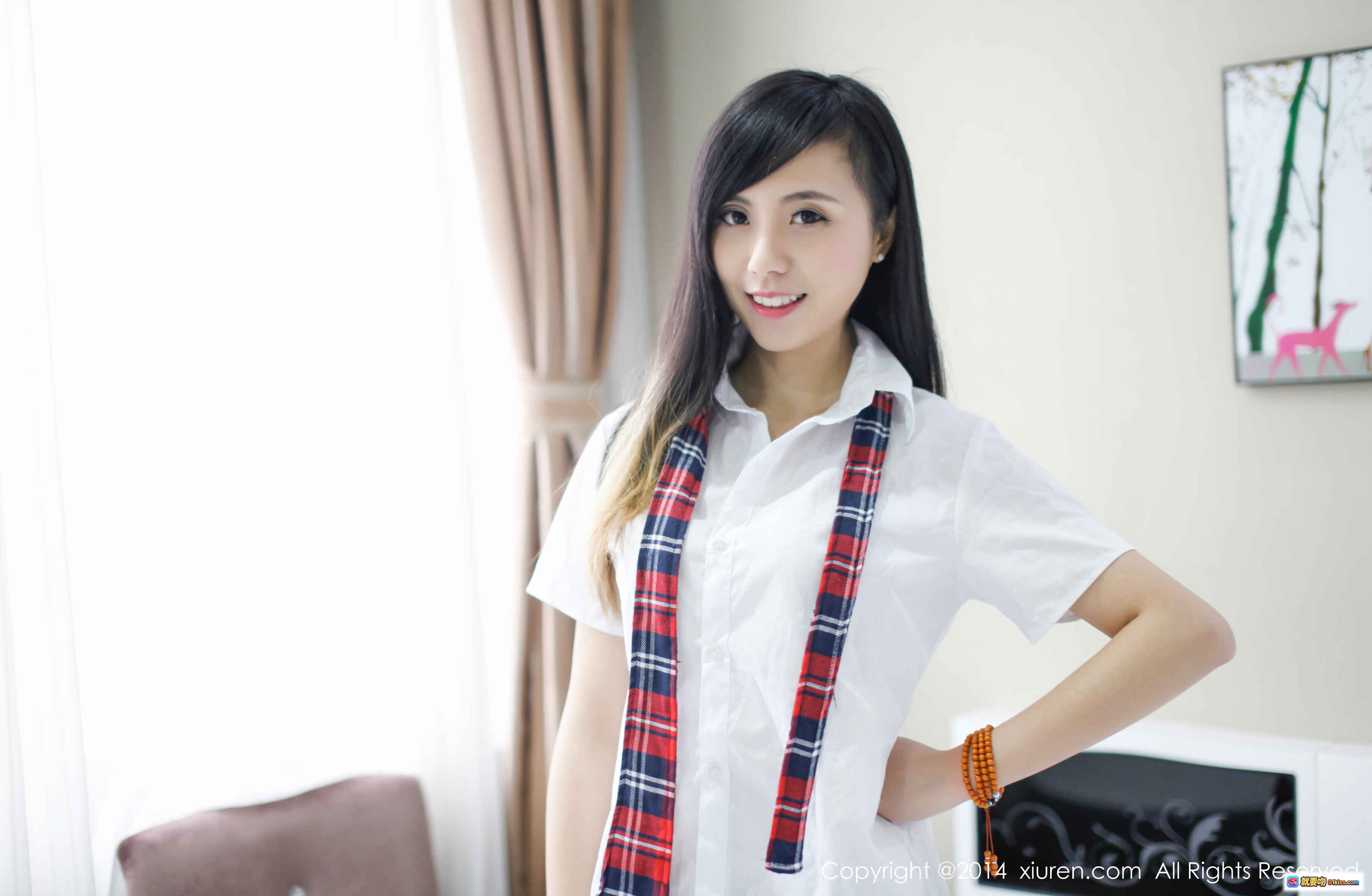 谢忱倬白衬衫红蓝格子领带室内写真 - XIUREN秀人网2014.12.14 NO.254高清美图 - 就要吻