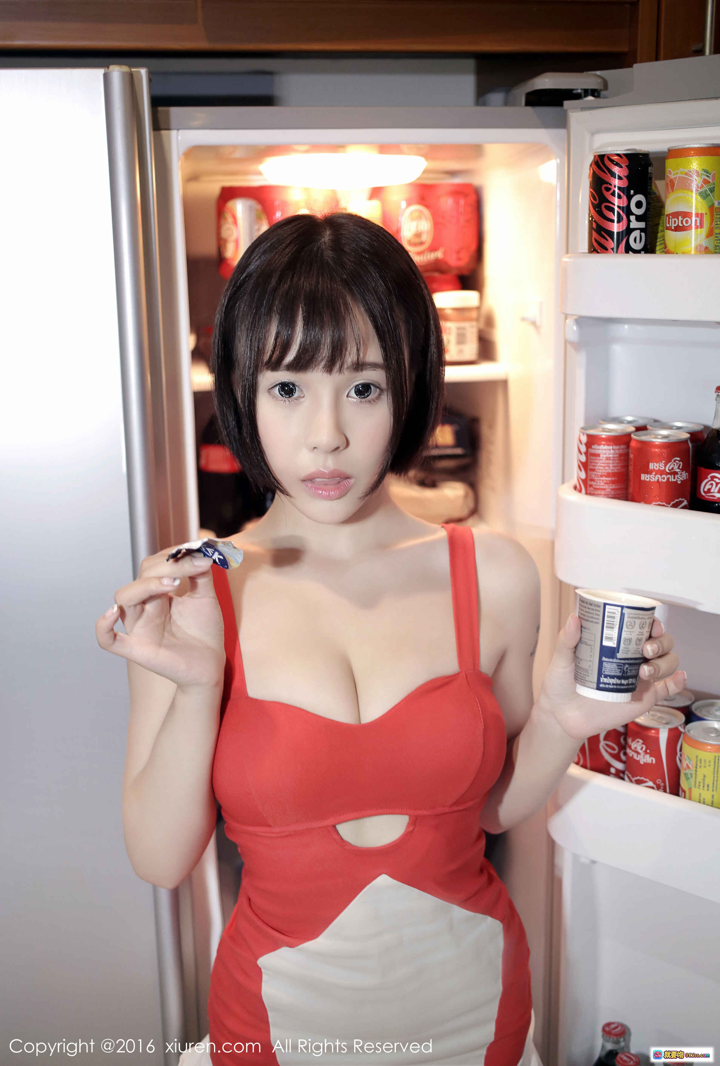 Evelyn艾莉红白连衣裙冰箱前持饮料零食写真 | XIUREN秀人网2016.12.23 NO.665高清美图 - 就要吻