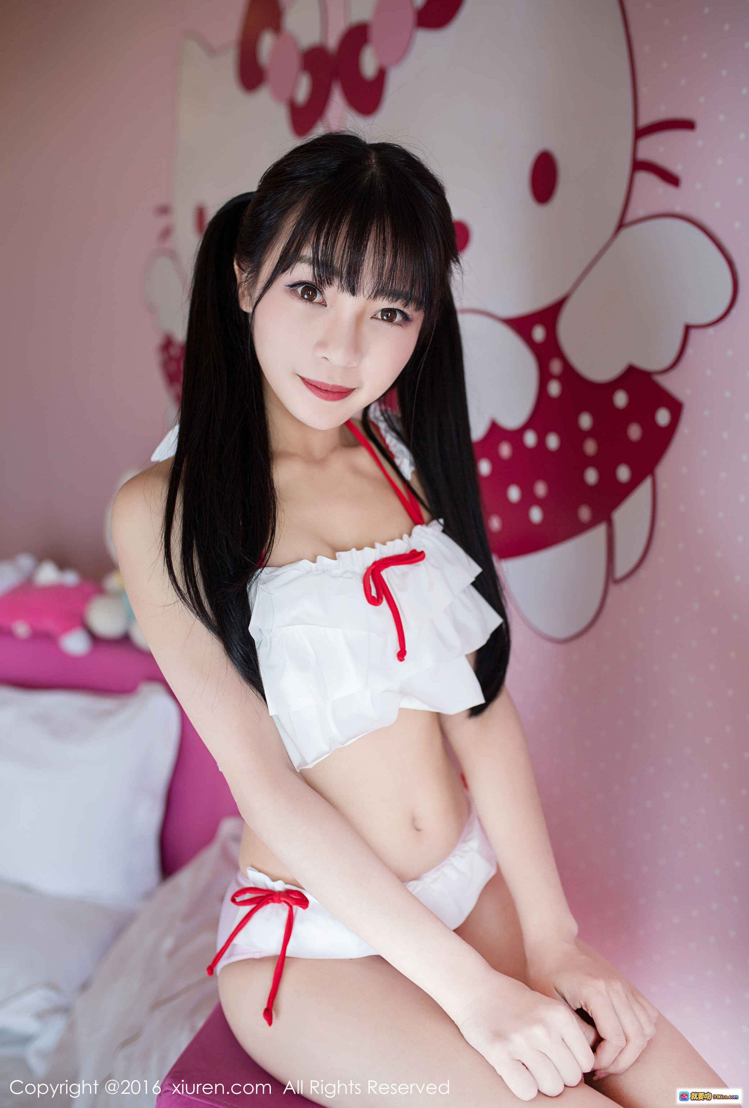 图片[3] - Mio莉莉丝性感写真 | 白色蕾丝内衣搭配红色细带 | 粉色波点背景甜美风 | 秀人网2016经典私房照 - 就要吻