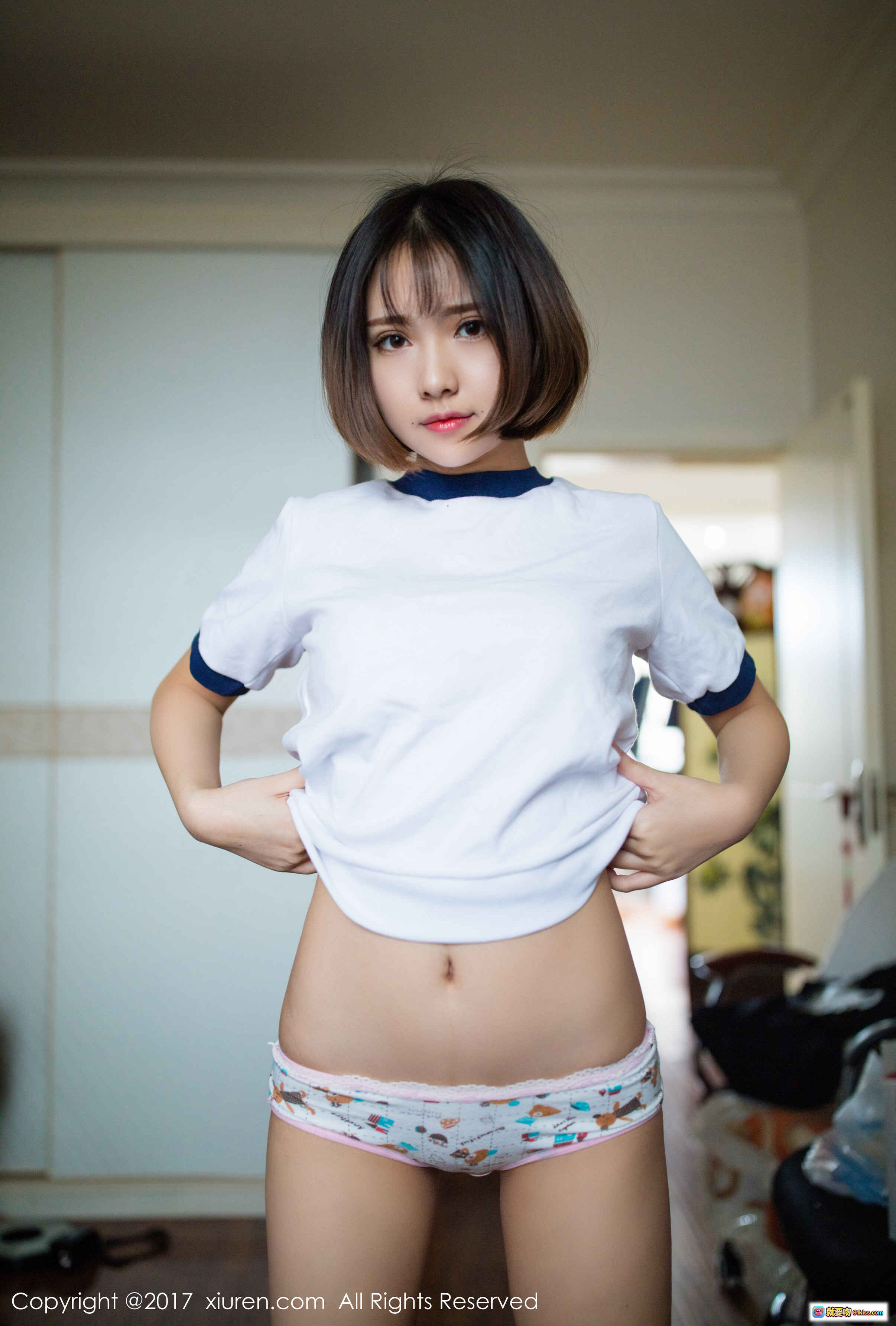 图片[6] - 小魔女奈奈短发清纯写真 – 白色T恤露脐装搭配卡通内裤 – XIUREN秀人网2017年4月11日No.736高清图集 - 就要吻