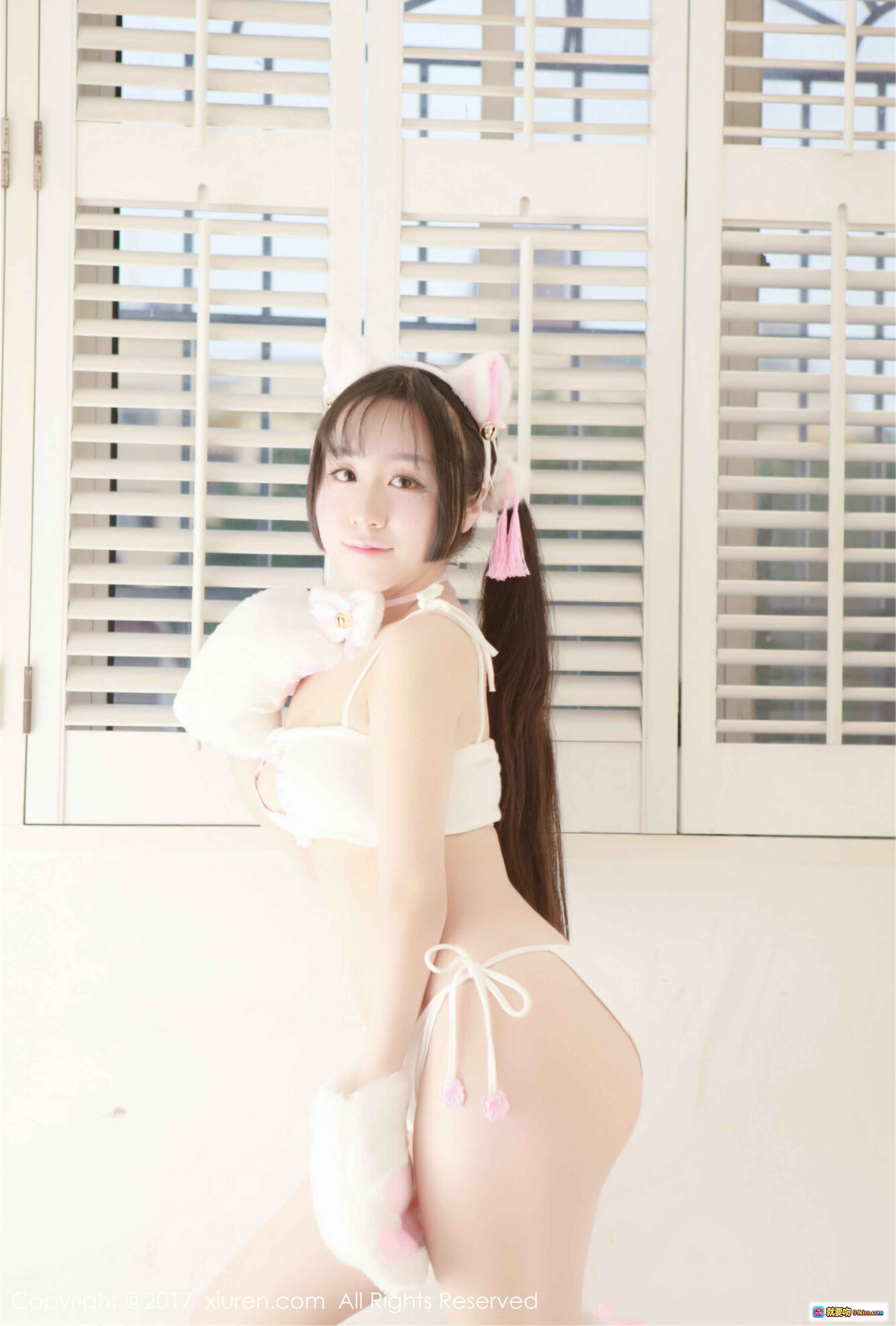 图片[3] - 猫耳少女vi菜菜可爱卖萌写真 – 白色蕾丝内衣+粉色蝴蝶结颈饰 – 秀人网2017精选私房照 - 就要吻