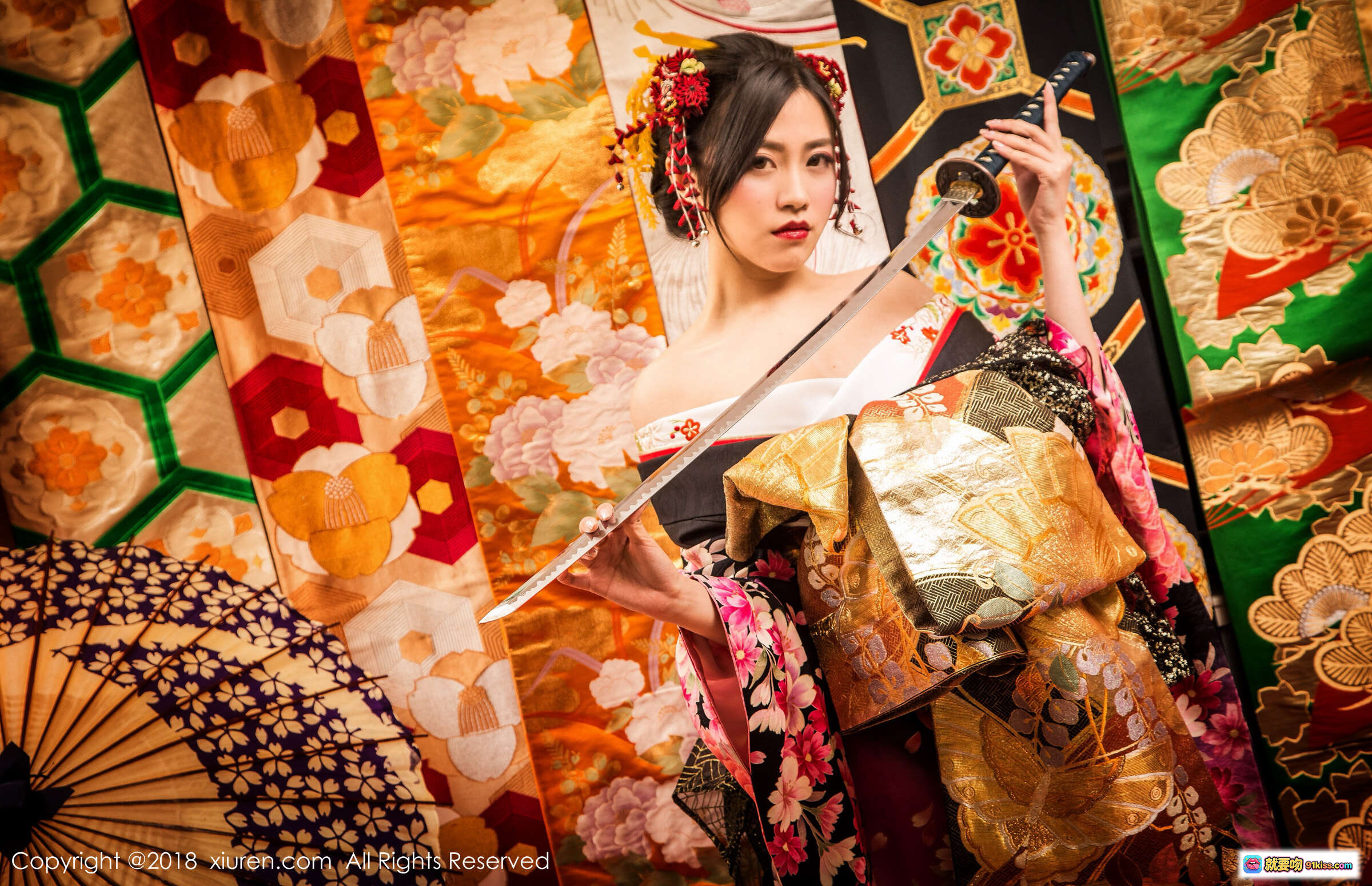 图片[4] - 许诺Sabrina和风写真｜华丽振袖和服+传统日式伞扇+红毯古韵场景｜XIUREN秀人网2018经典摄影 - 就要吻