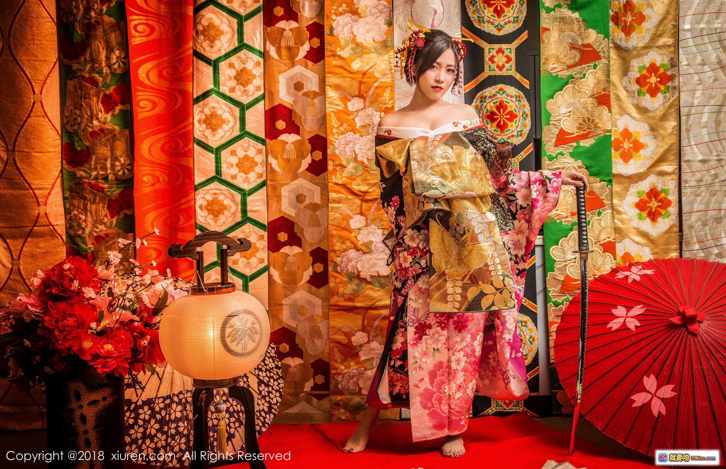 图片[5] - 许诺Sabrina和风写真｜华丽振袖和服+传统日式伞扇+红毯古韵场景｜XIUREN秀人网2018经典摄影 - 就要吻