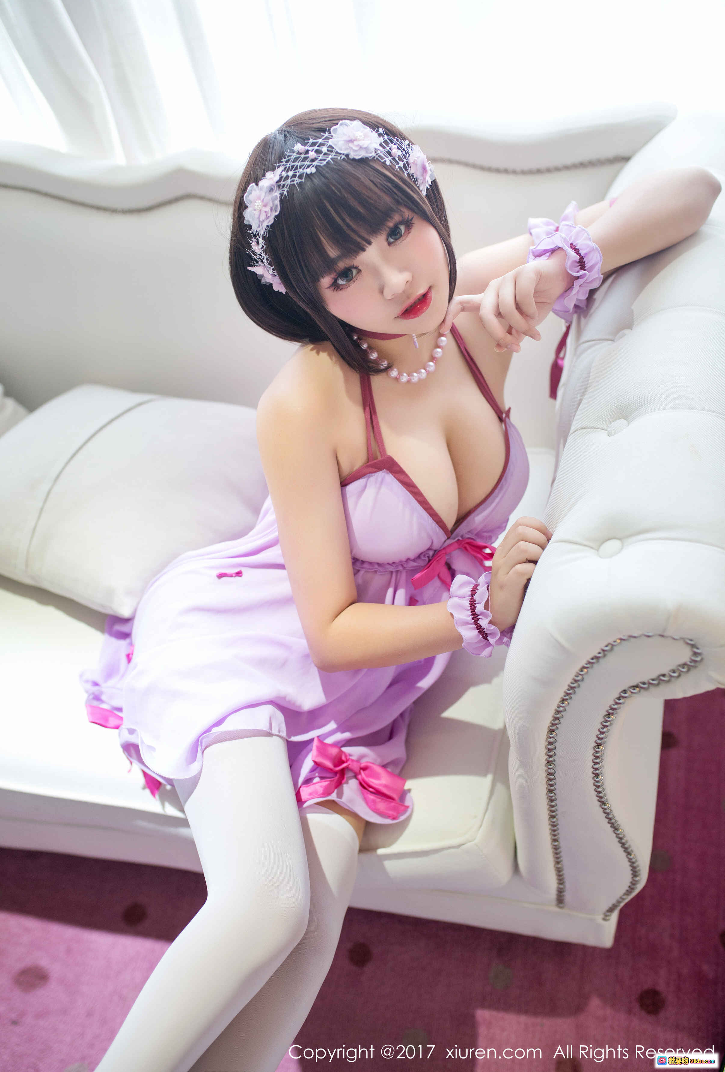 纳砂nasa紫色女仆装写真｜蕾丝头饰+珍珠项链+白色丝袜｜秀人网2017精选私房美图 - 就要吻