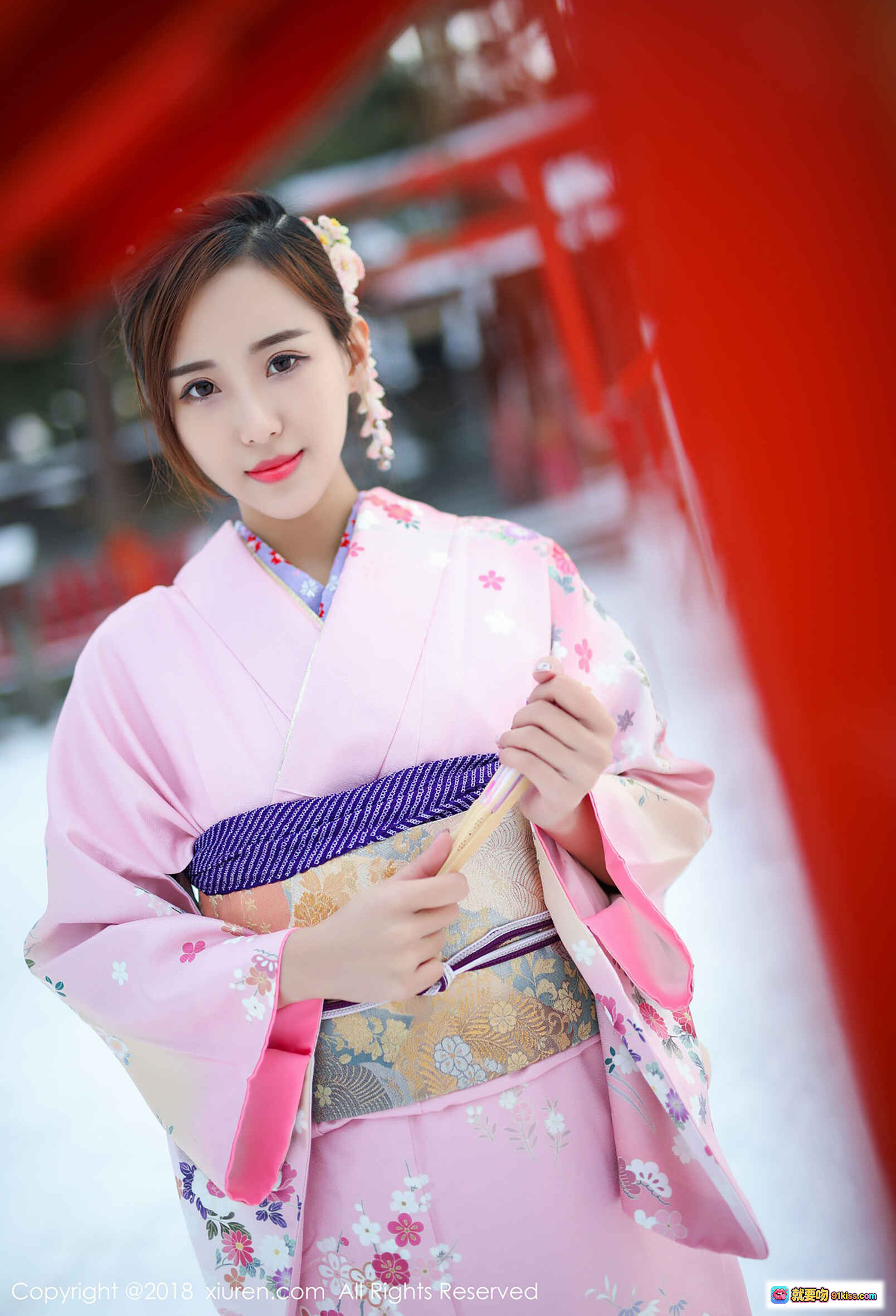 图片[7] - 粉色和服少女雪景写真 | 手持樱花扇 | 日式传统服饰 | 猫宝模特 | XIUREN秀人网2018精选 - 就要吻