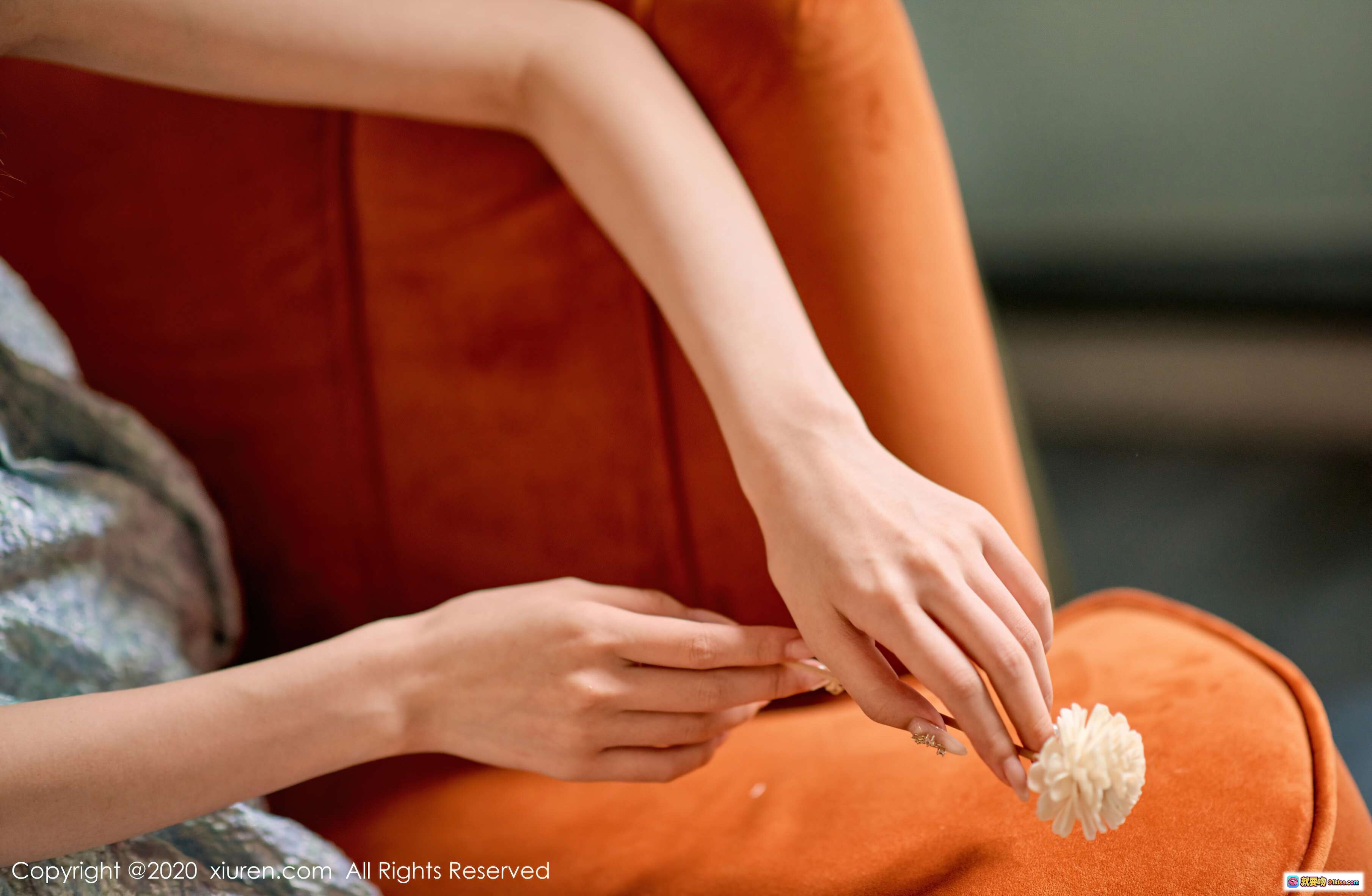 图片[6] - 蕾丝长袜美腿特写｜橙色沙发优雅坐姿｜精致花纹背景｜秀人网2020写真集 VOL.2533 尤其 - 就要吻