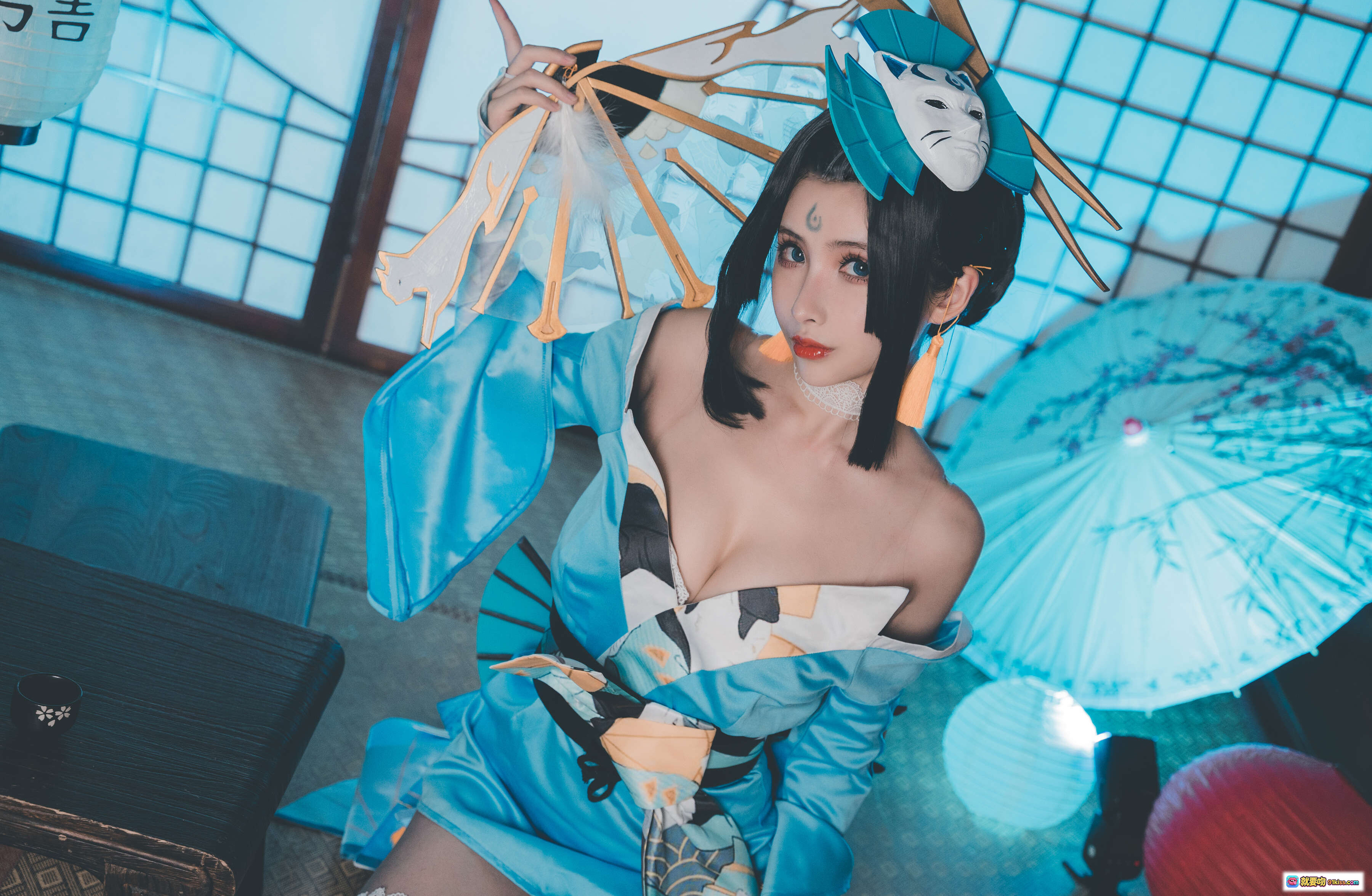 图片[4] - rioko凉凉子NO.056魅语cos写真 | 日式和风场景 | 蓝白配色服饰 | 纸伞灯笼装饰 | 美腿丝袜造型 | 24P高清图集 - 就要吻