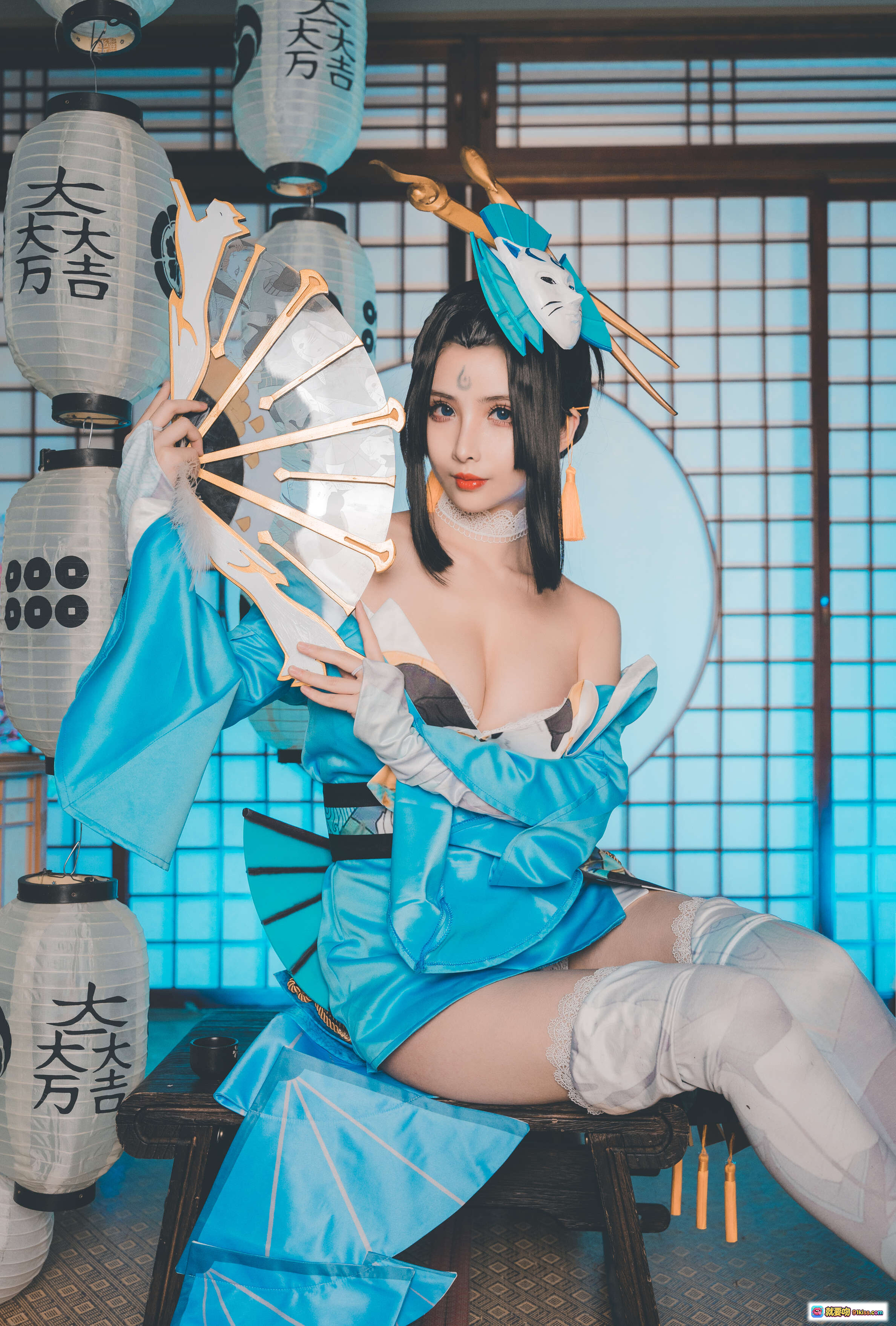 图片[3] - rioko凉凉子NO.056魅语cos写真 | 日式和风场景 | 蓝白配色服饰 | 纸伞灯笼装饰 | 美腿丝袜造型 | 24P高清图集 - 就要吻
