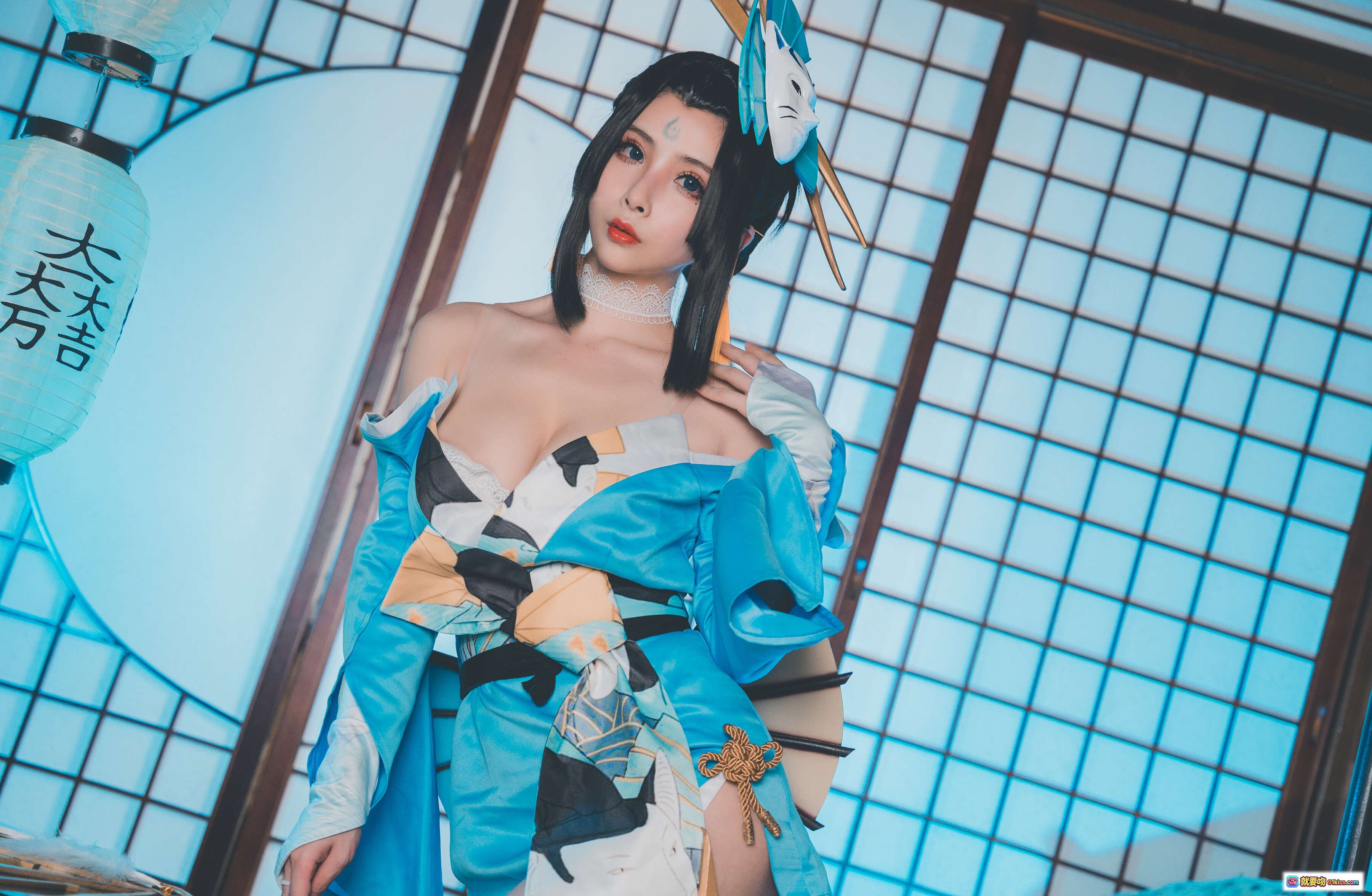 图片[10] - rioko凉凉子NO.056魅语cos写真 | 日式和风场景 | 蓝白配色服饰 | 纸伞灯笼装饰 | 美腿丝袜造型 | 24P高清图集 - 就要吻