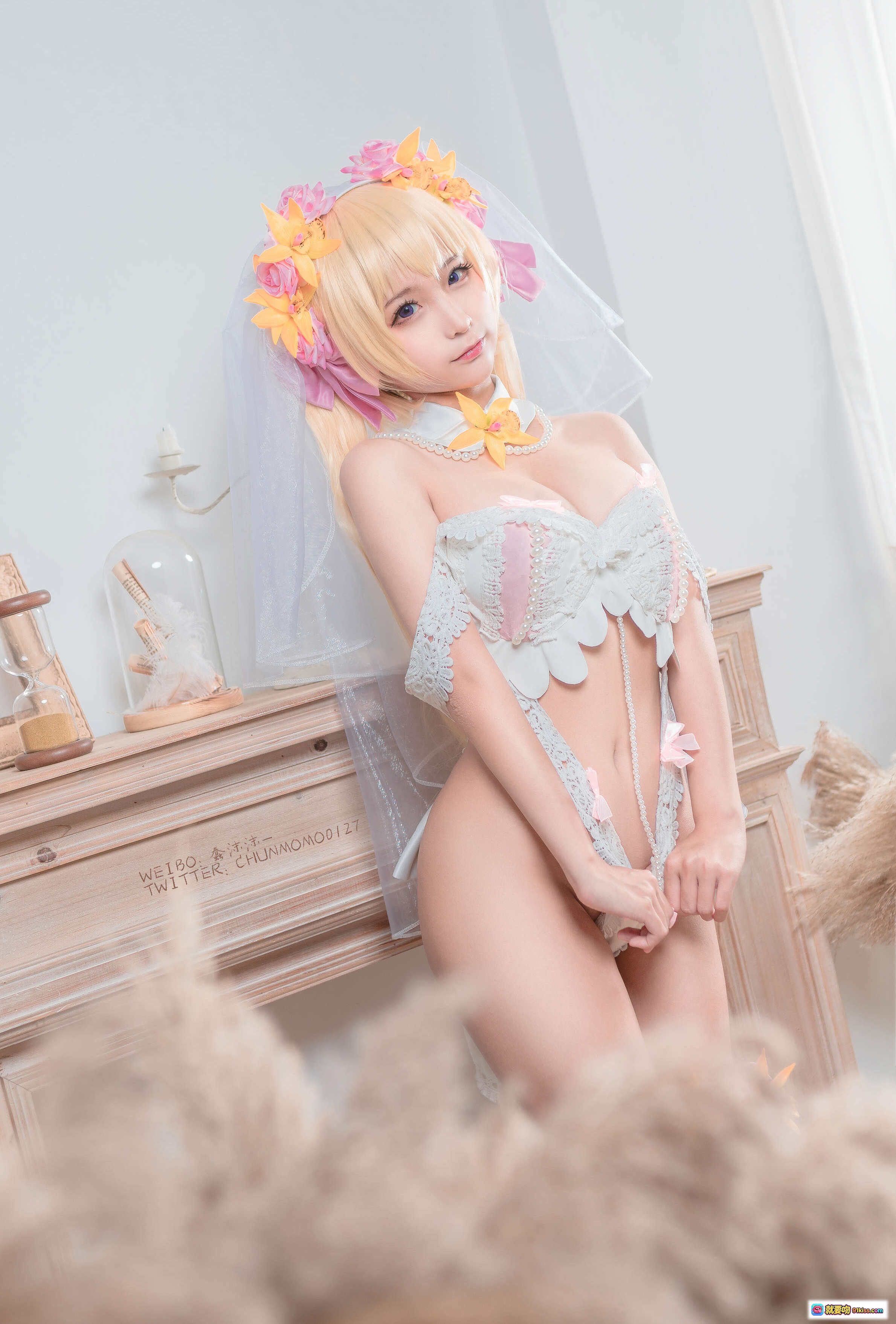 图片[2] - 蠢沫沫NO.089赫葵特写真集｜白色蕾丝内衣+珍珠项链+橙花装饰+薄纱头纱｜40P高清美图 - 就要吻