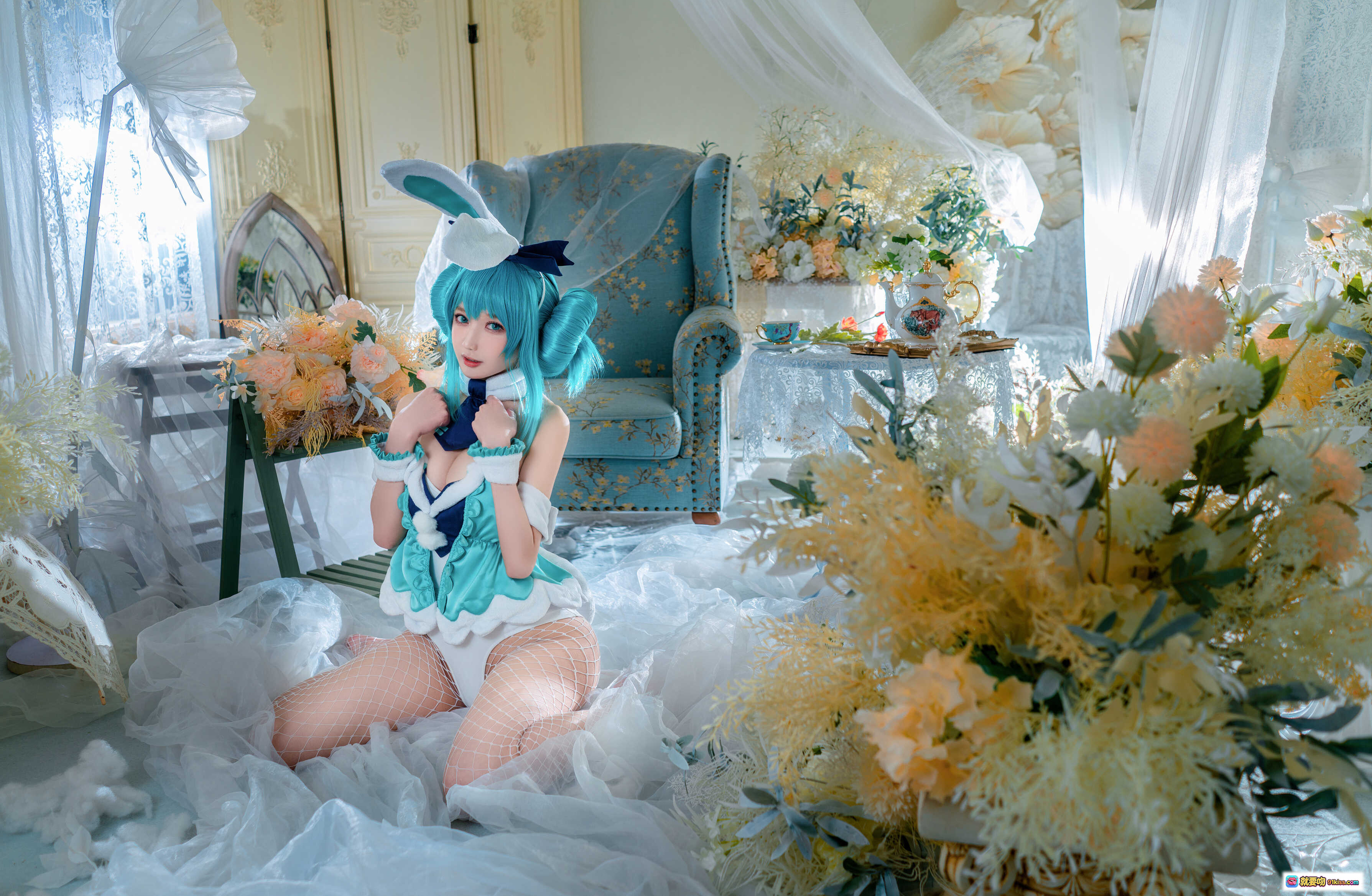 图片[7] - 阿包兔娘NO.030白兔Miku cos写真·渔网袜美腿·蓝绿裙装·蕾丝边饰·纯欲风私房照 - 就要吻