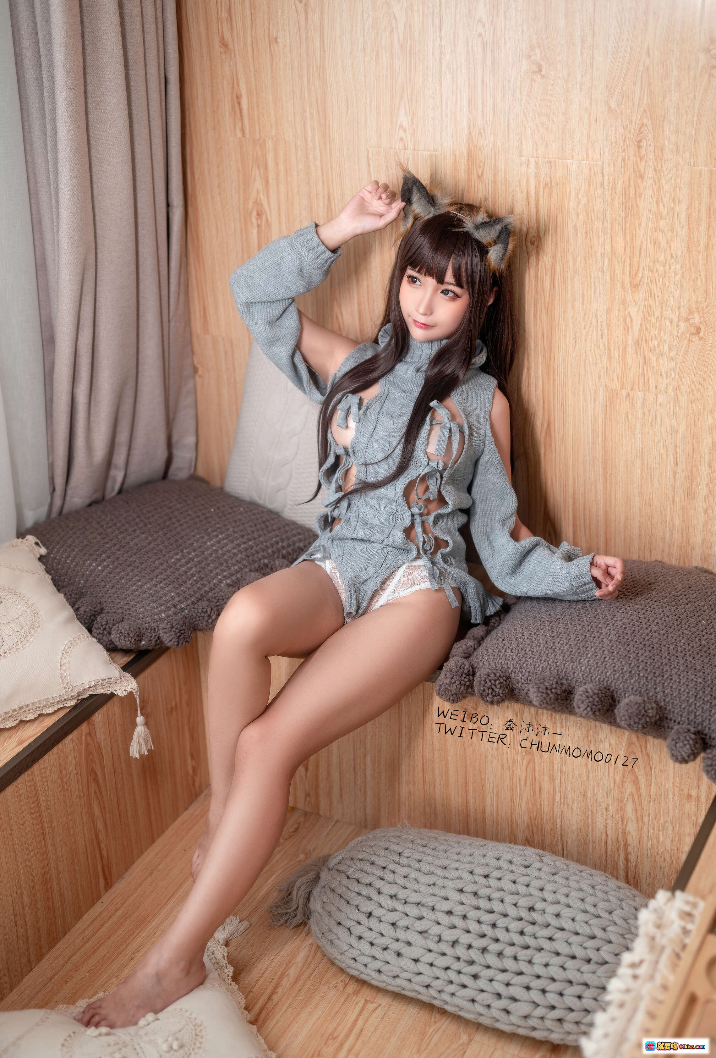 图片[3] - 蠢沫沫NO.088灰露背毛衣写真 白色蕾丝内裤美臀特写 40P高清私房摄影 - 就要吻