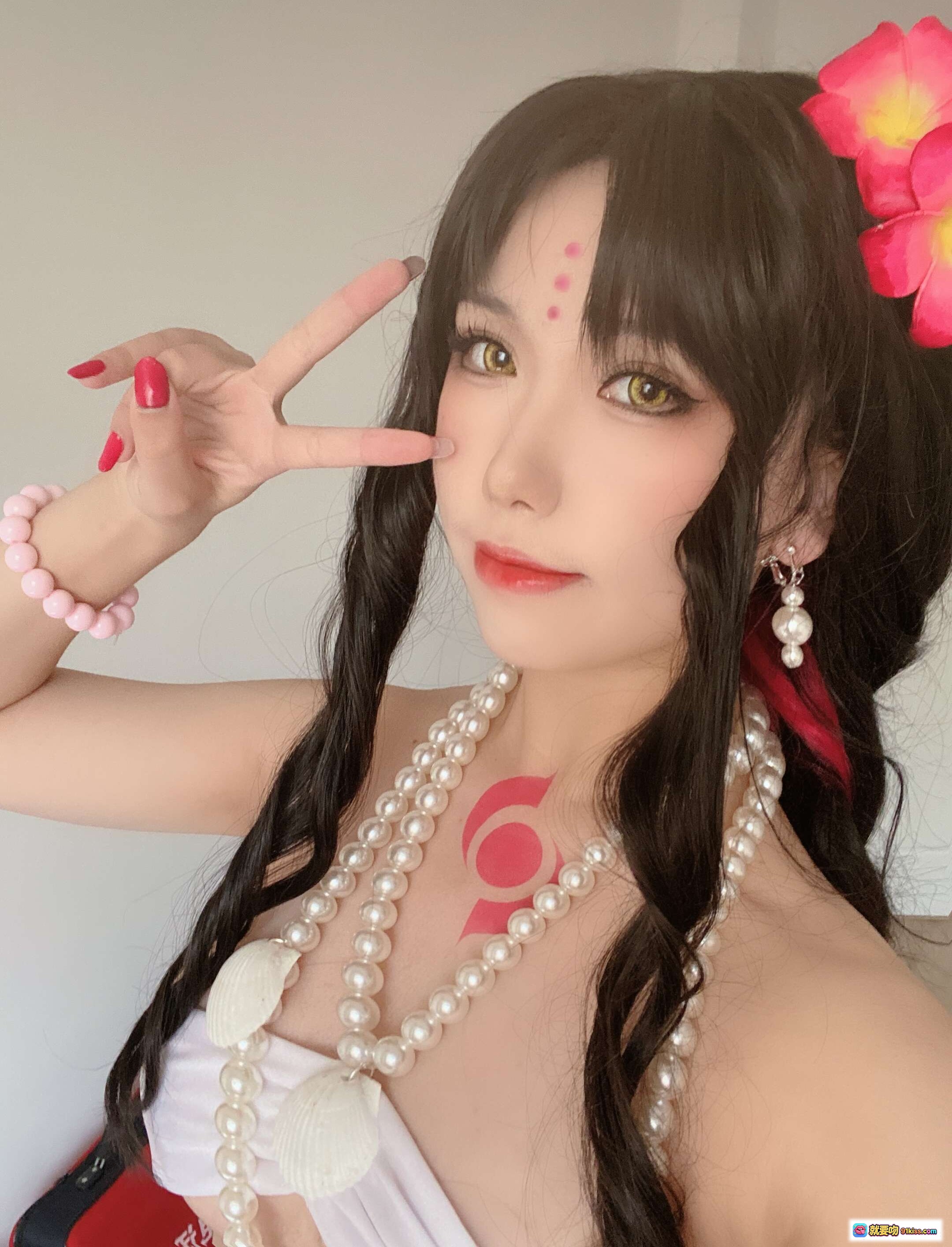 图片[7] - 一北亦北NO.004杀生院泳装Cosplay写真 珍珠饰品粉色花朵黑长发性感坐姿33P高清图集 - 就要吻