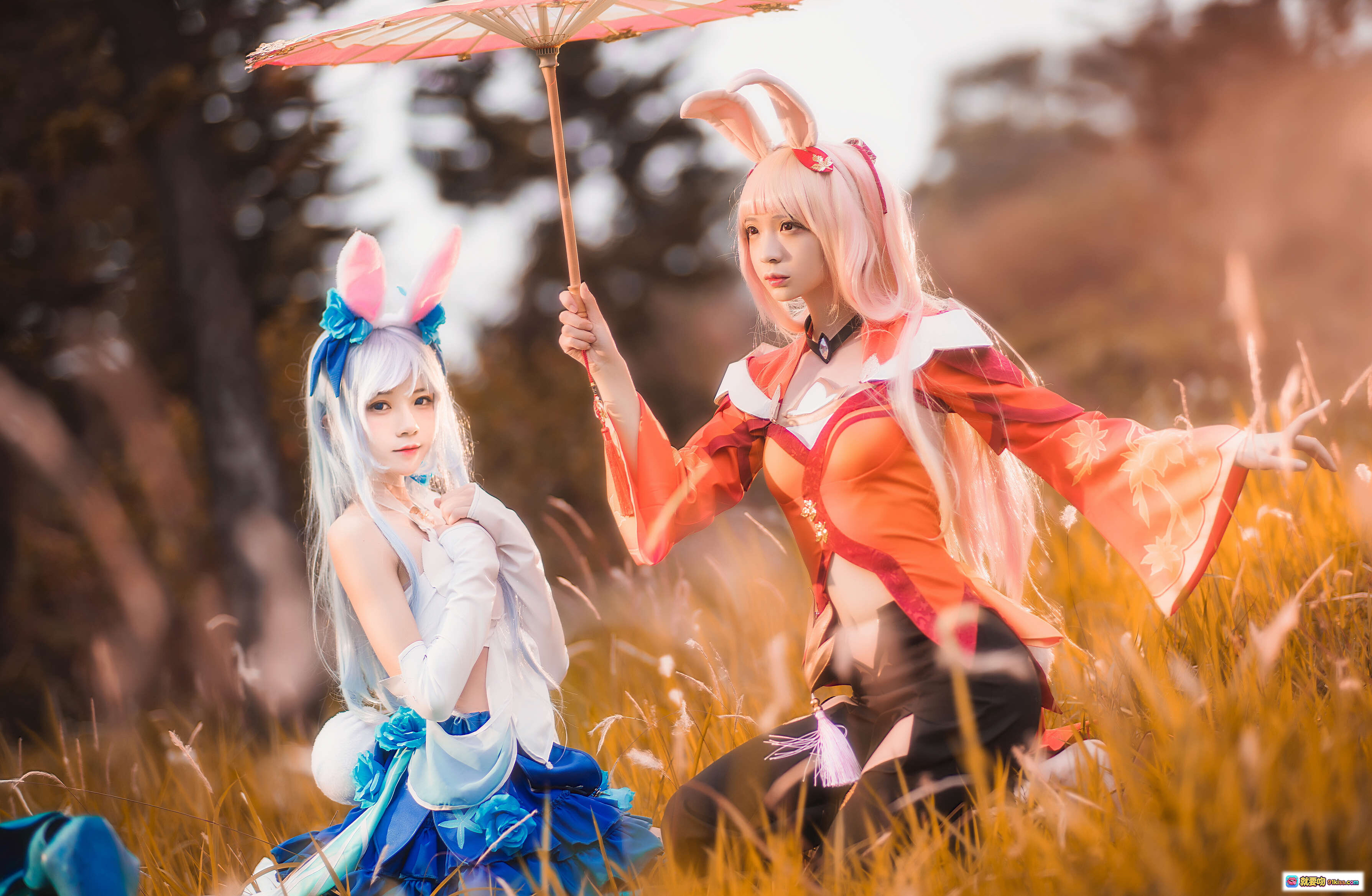 疯喵ss×桜桃喵 双人公孙离cosplay 精美和风兔耳造型 草地日落场景 16P高清写真 - 就要吻