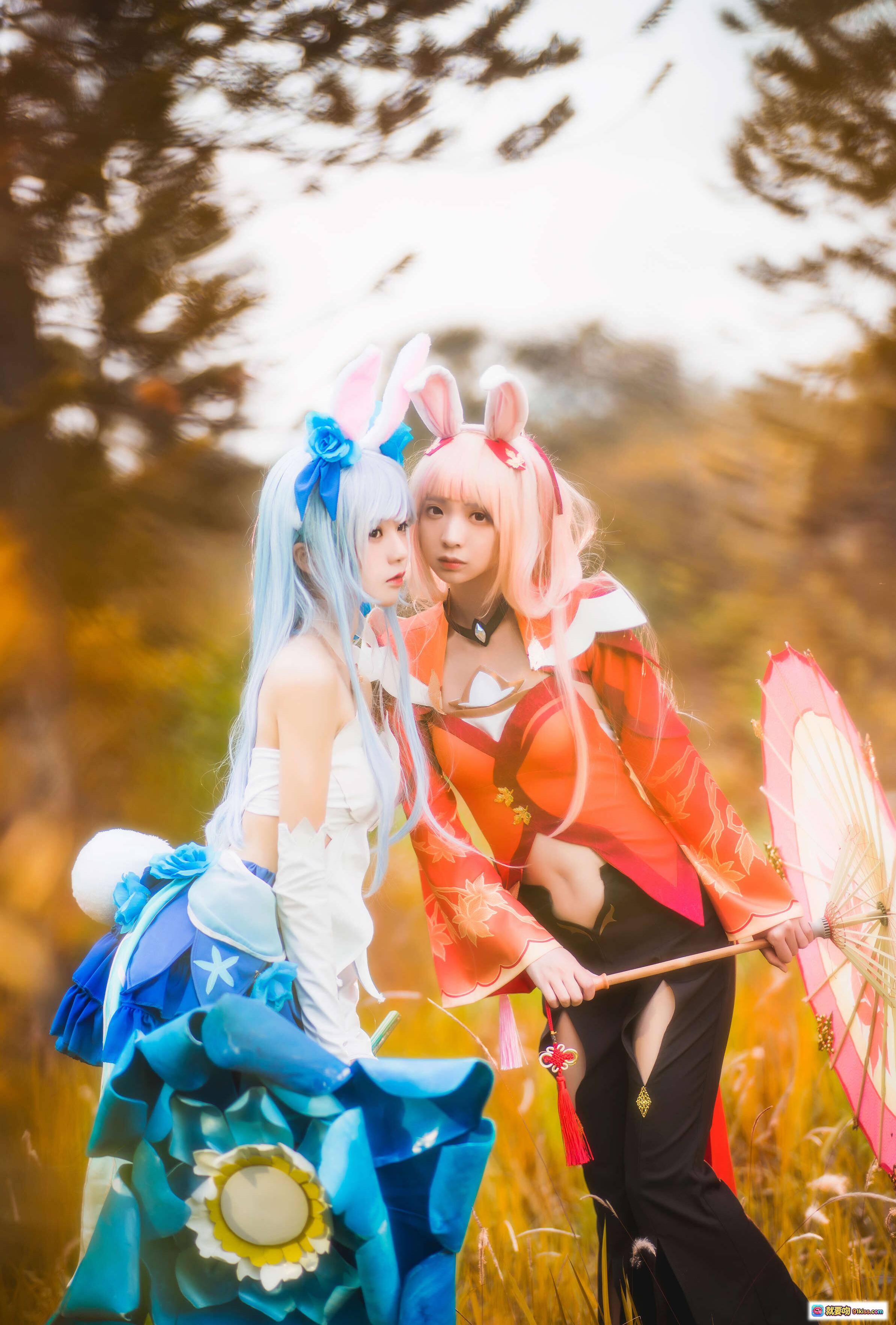 图片[2] - 疯喵ss×桜桃喵 双人公孙离cosplay 精美和风兔耳造型 草地日落场景 16P高清写真 - 就要吻