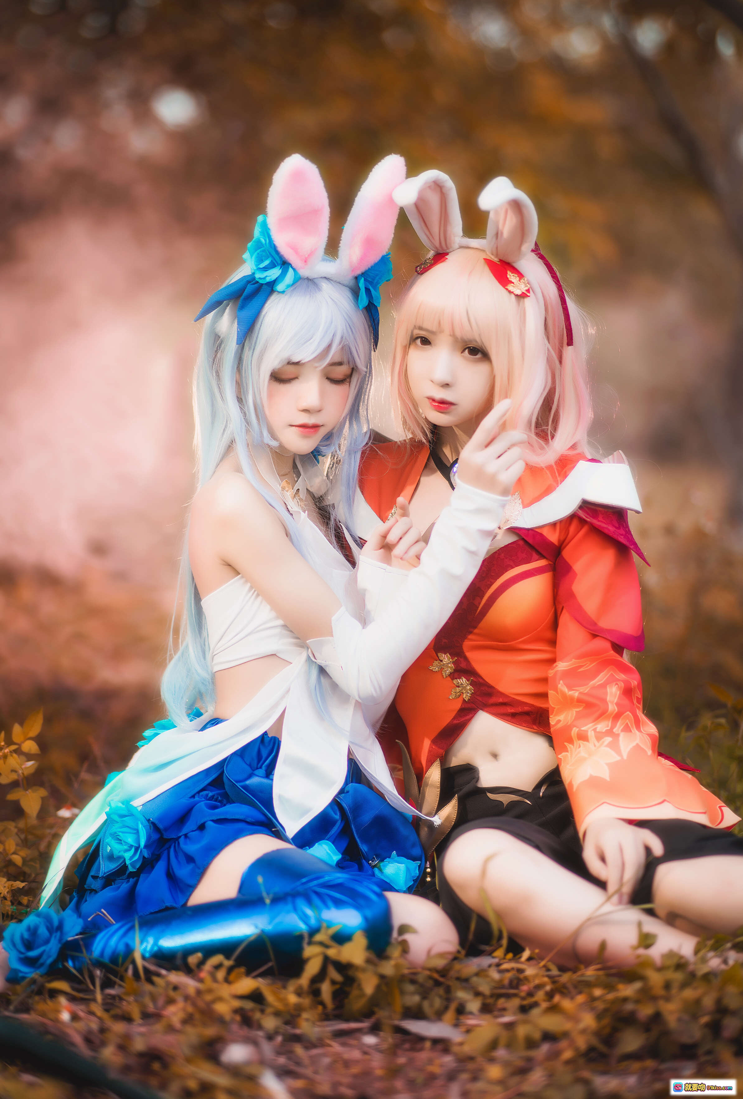 图片[4] - 疯喵ss×桜桃喵 双人公孙离cosplay 精美和风兔耳造型 草地日落场景 16P高清写真 - 就要吻