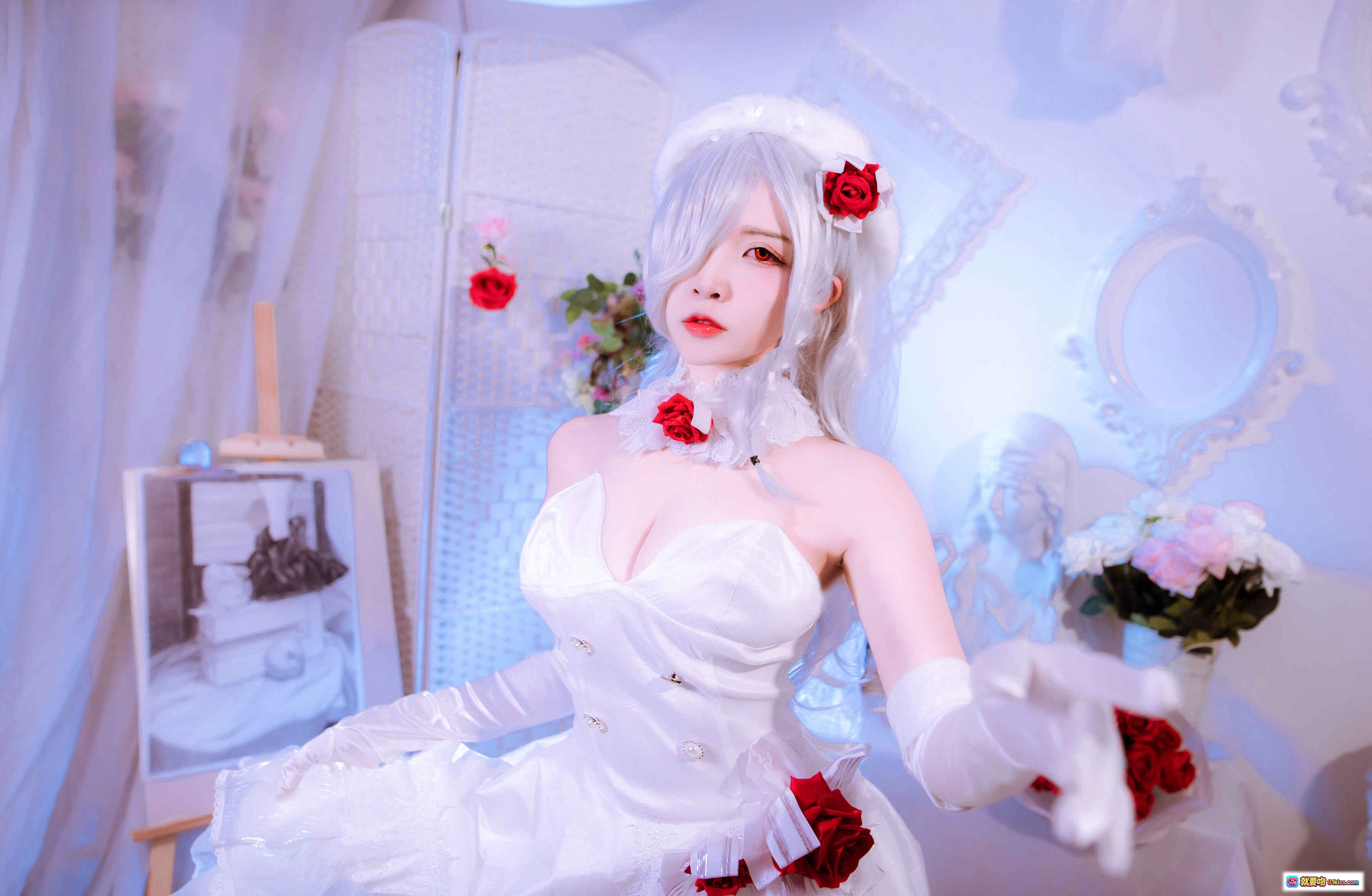 图片[8] - 二佐Nisa NO.031 花嫁COS写真 | 白发红玫瑰新娘造型 | 白色婚纱长手套 | 甜美梦幻摄影 | 40P高清图集 - 就要吻