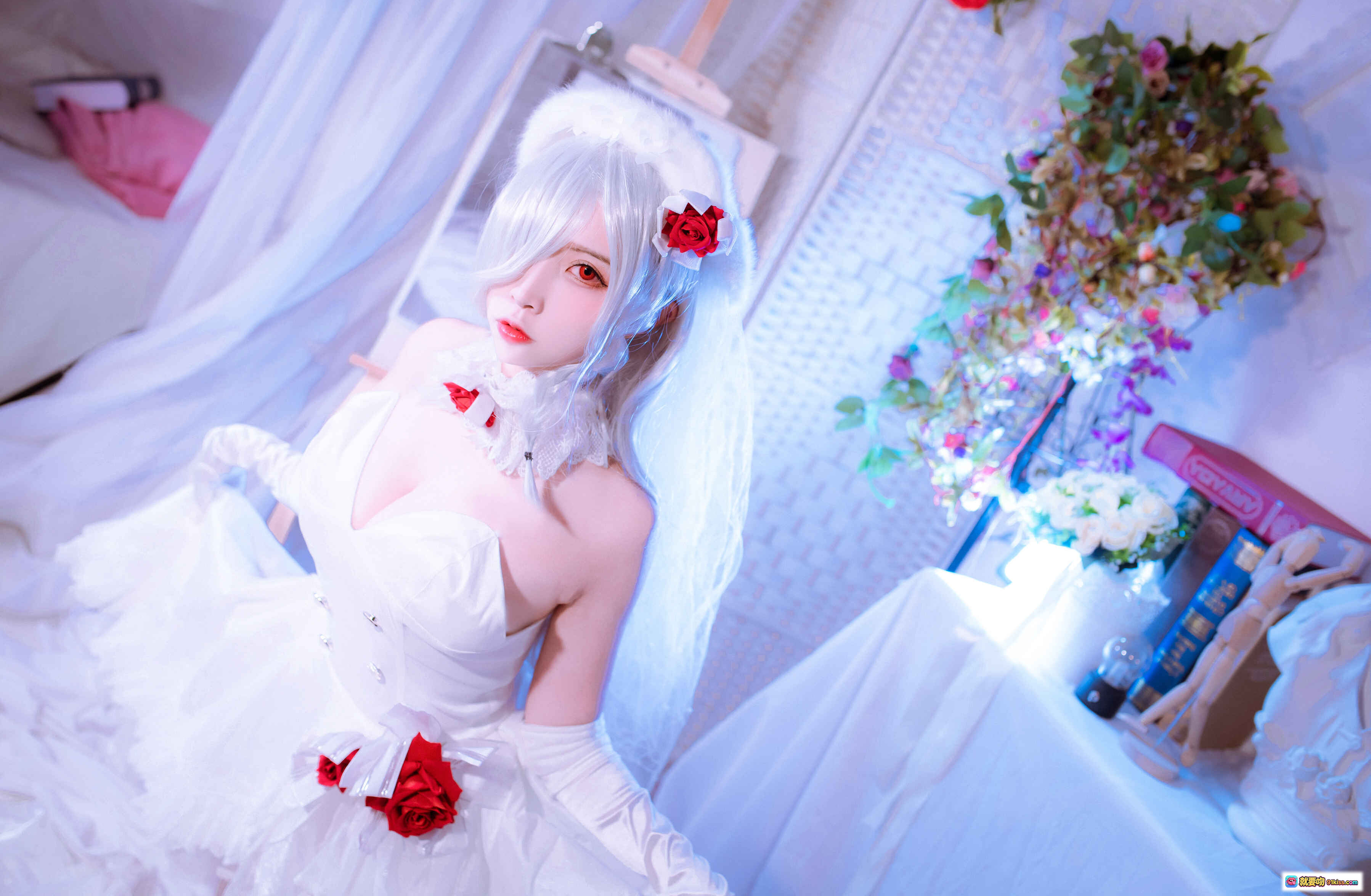 图片[3] - 二佐Nisa NO.031 花嫁COS写真 | 白发红玫瑰新娘造型 | 白色婚纱长手套 | 甜美梦幻摄影 | 40P高清图集 - 就要吻