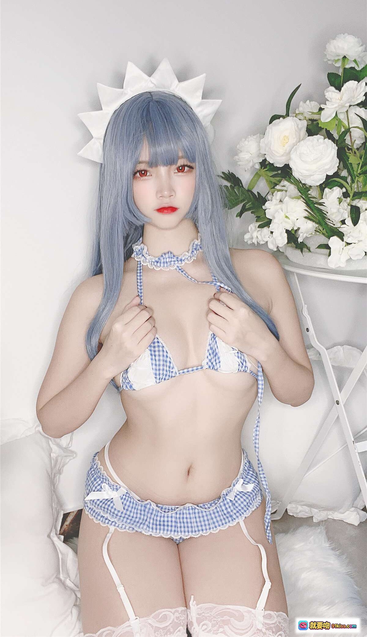 图片[6] - 二佐Nisa NO.091 私房自拍蓝格比基尼女仆写真 40P高清美图 白花背景蕾丝袜温柔风 - 就要吻