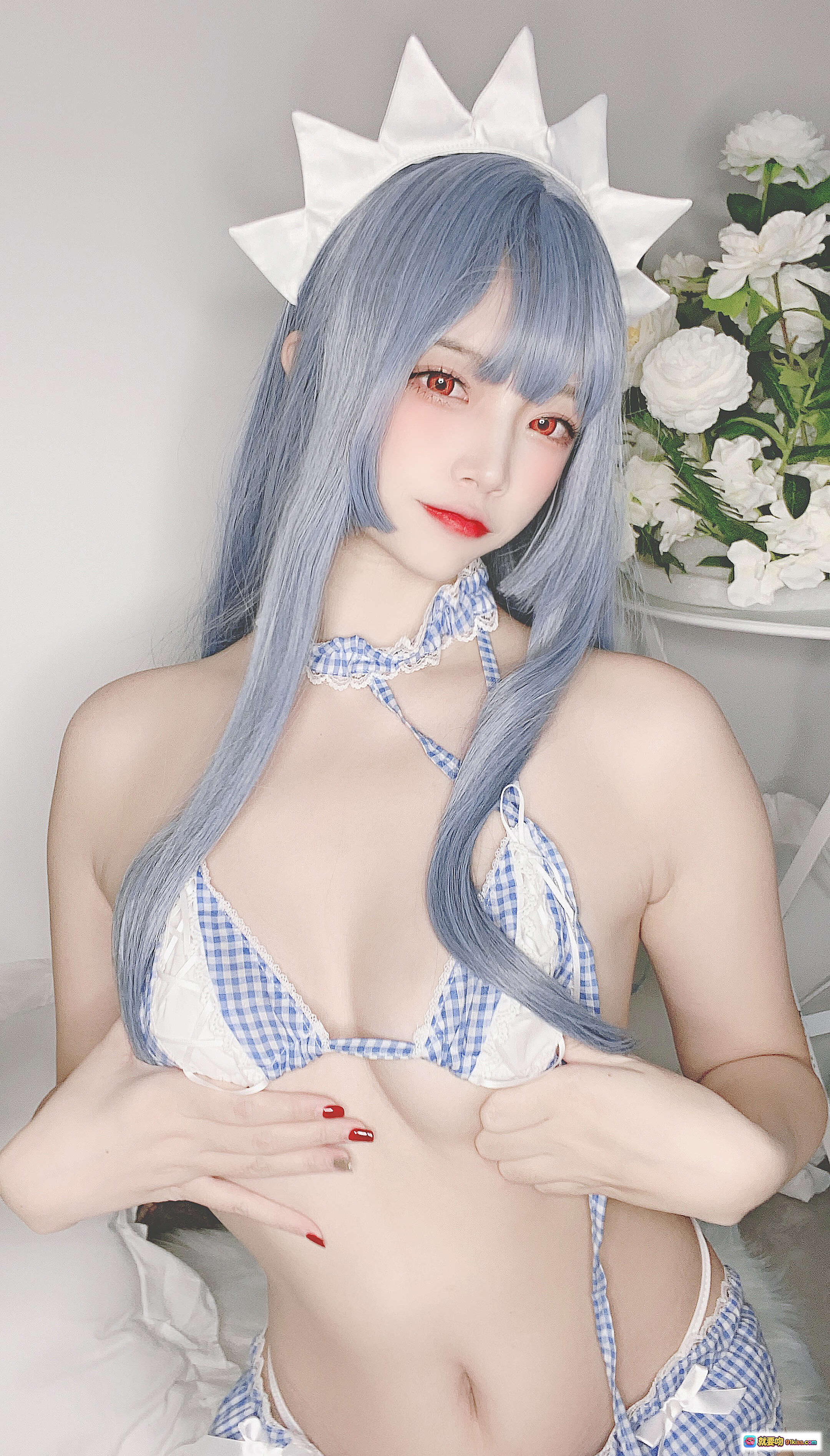 图片[3] - 二佐Nisa NO.091 私房自拍蓝格比基尼女仆写真 40P高清美图 白花背景蕾丝袜温柔风 - 就要吻