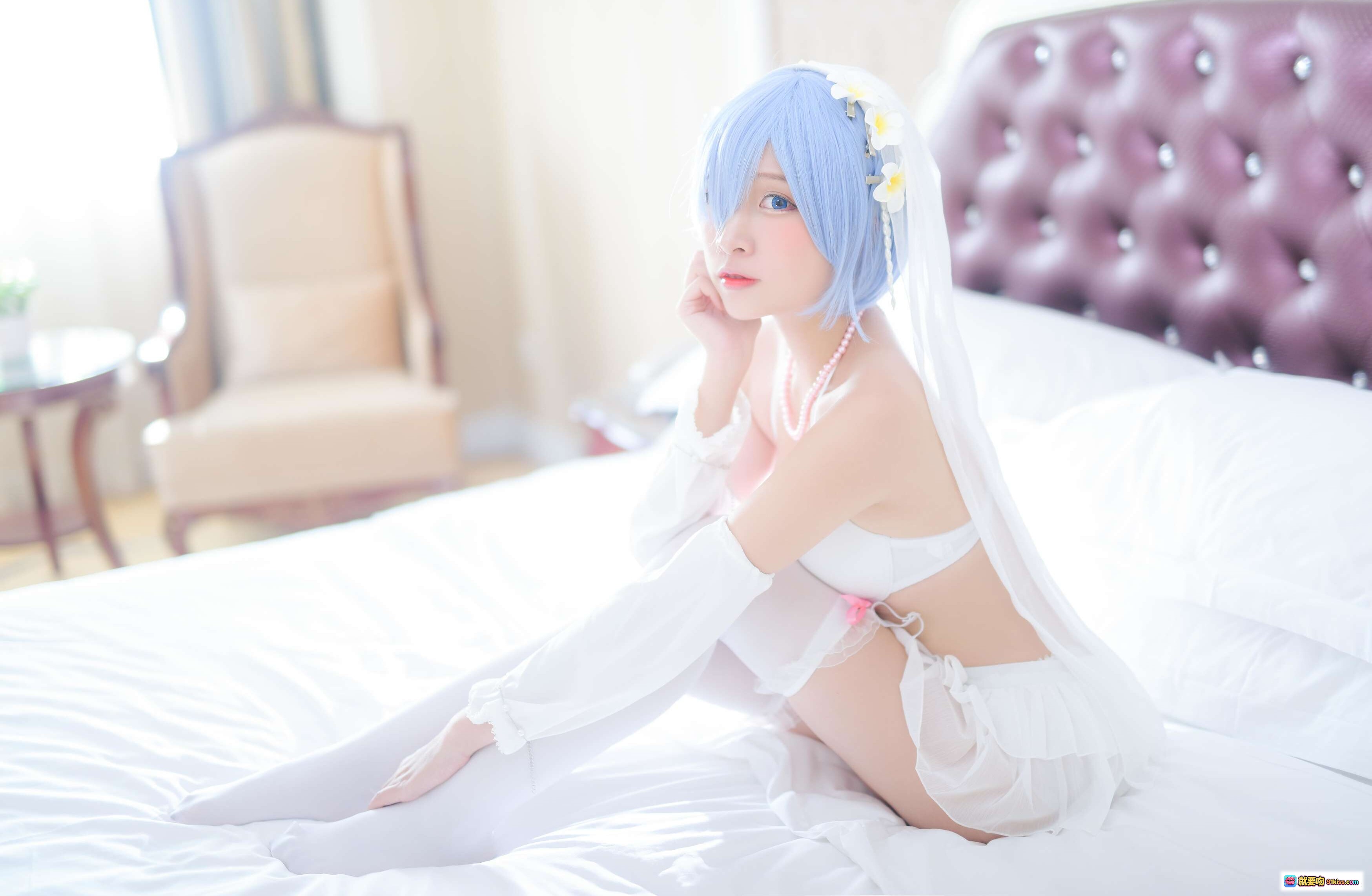 图片[8] - 二佐Nisa NO.038 蕾姆婚纱Cosplay写真 35P高清图 白色蕾丝头纱蓝发少女床照唯美性感私房照 - 就要吻