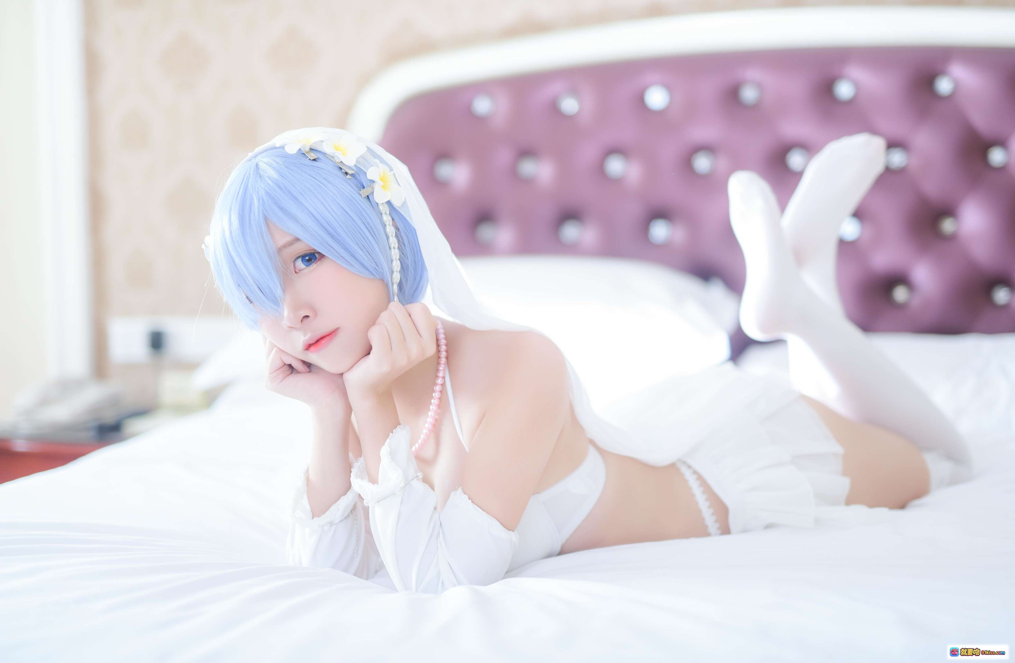 图片[6] - 二佐Nisa NO.038 蕾姆婚纱Cosplay写真 35P高清图 白色蕾丝头纱蓝发少女床照唯美性感私房照 - 就要吻