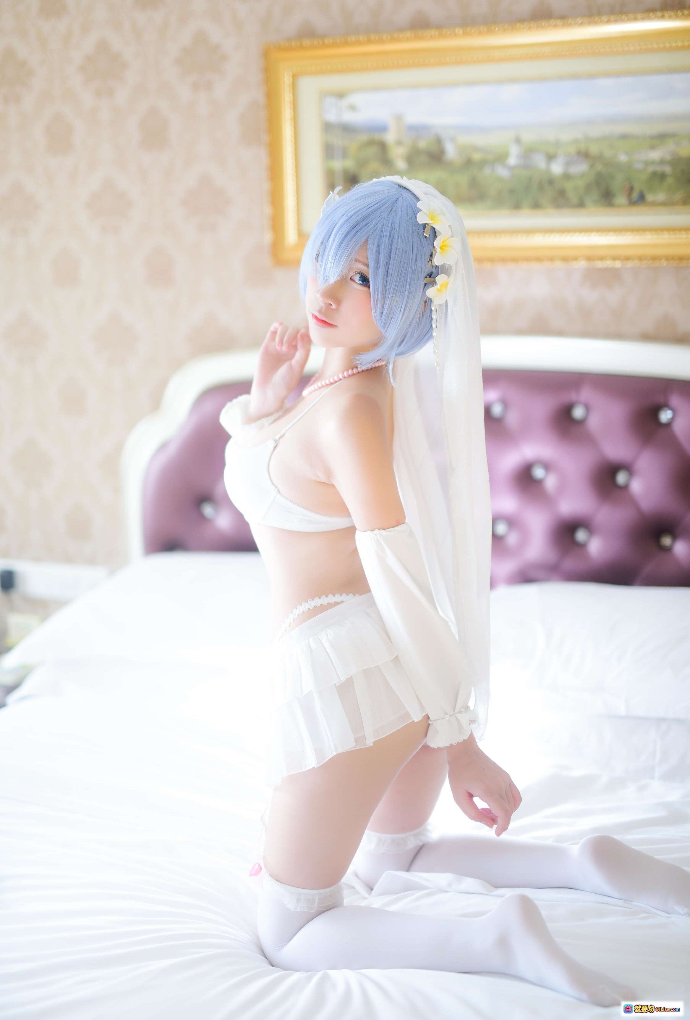 二佐Nisa NO.038 蕾姆婚纱Cosplay写真 35P高清图 白色蕾丝头纱蓝发少女床照唯美性感私房照 - 就要吻