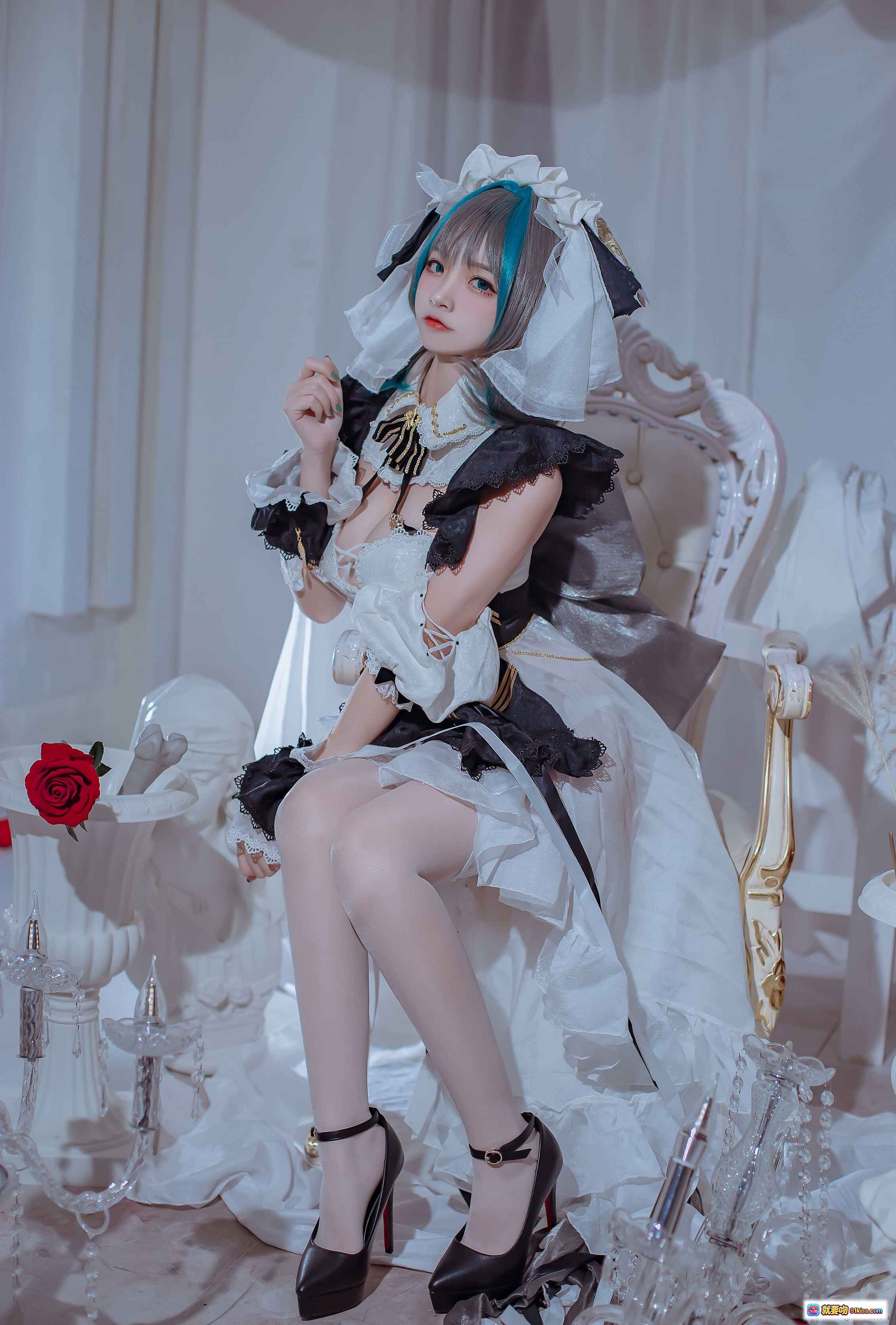 图片[3] - 二佐Nisa NO.103 柴郡 cosplay写真 白色女仆装 蓝灰发色 高跟黑丝 蕾丝吊带袜 室内唯美布景 30P高清图集 - 就要吻