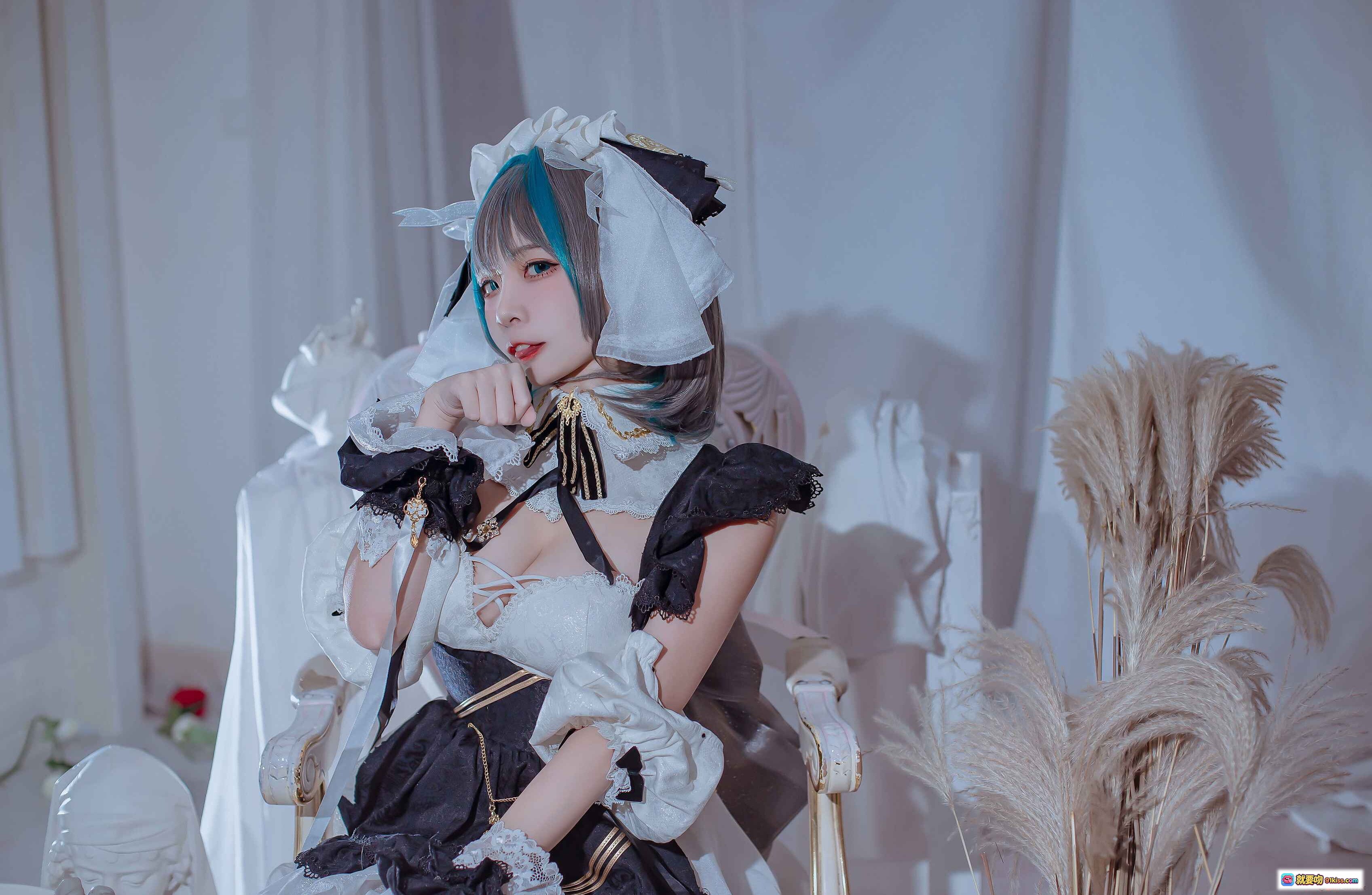图片[9] - 二佐Nisa NO.103 柴郡 cosplay写真 白色女仆装 蓝灰发色 高跟黑丝 蕾丝吊带袜 室内唯美布景 30P高清图集 - 就要吻