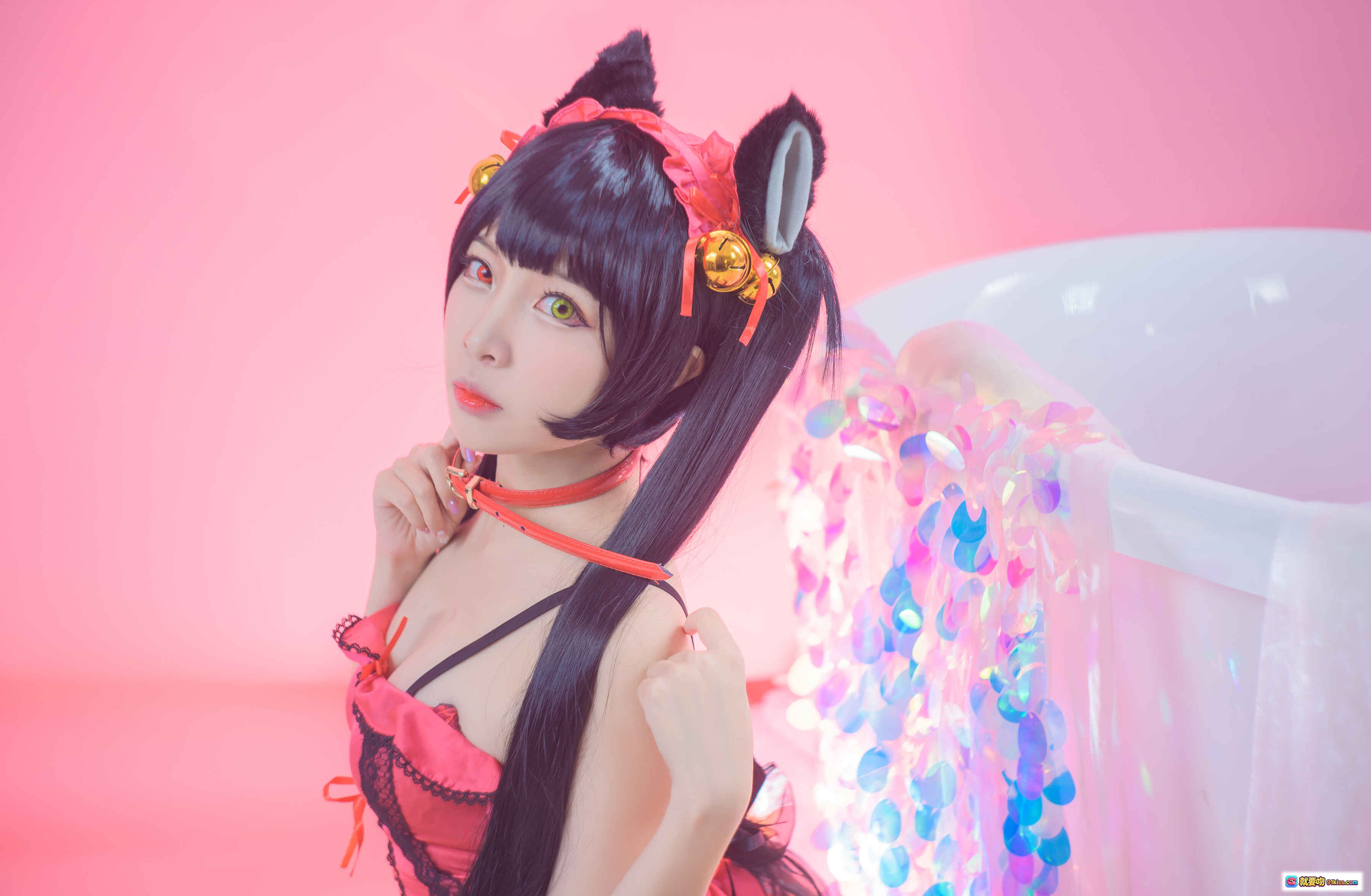 二佐Nisa NO.017 狂三睡衣Cosplay 粉色背景猫耳黑发少女 甜美性感写真 19P高清图集 - 就要吻