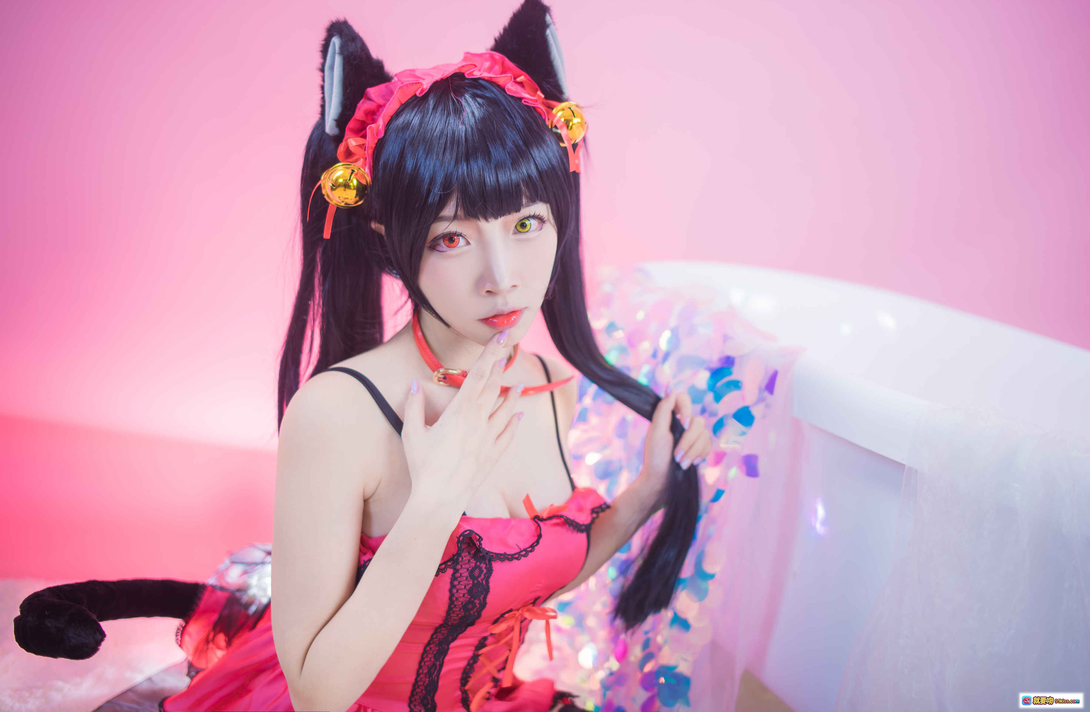图片[5] - 二佐Nisa NO.017 狂三睡衣Cosplay 粉色背景猫耳黑发少女 甜美性感写真 19P高清图集 - 就要吻