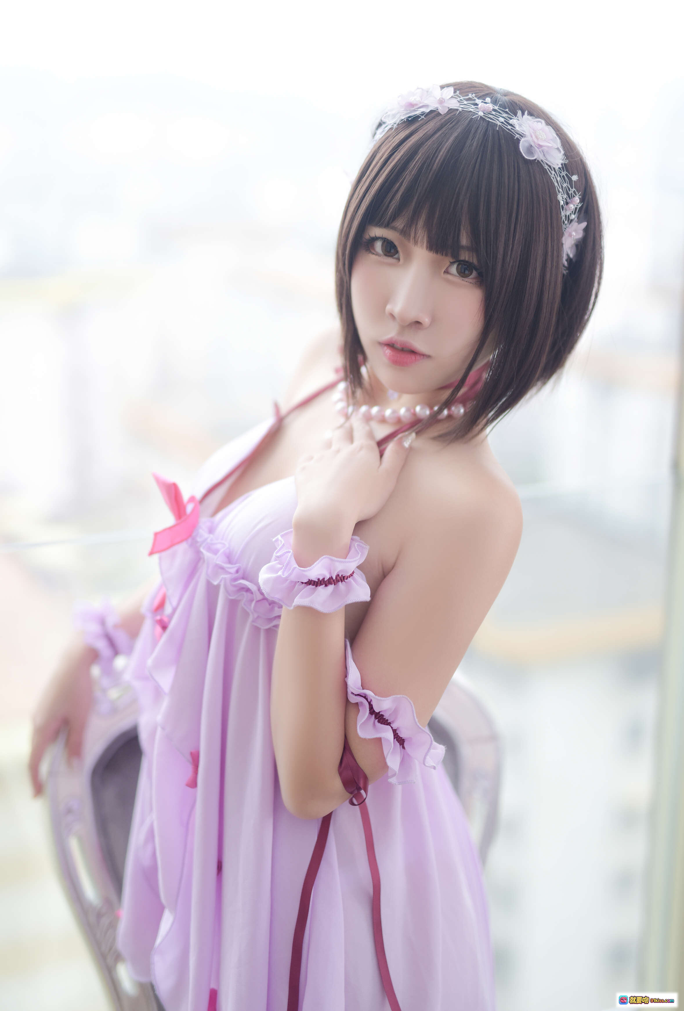 图片[6] - 二佐Nisa NO.015 加藤惠睡衣写真 甜美少女风 紫色蕾丝蝴蝶结 白床背景 珍珠项链 花饰发带 22P高清图集 - 就要吻