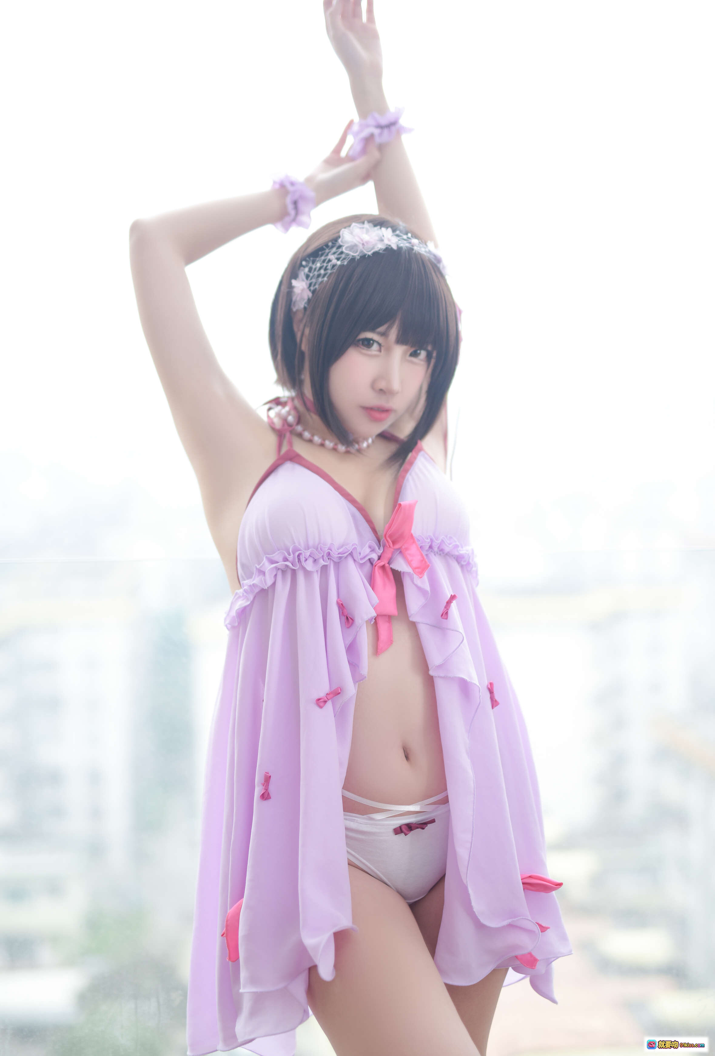 图片[10] - 二佐Nisa NO.015 加藤惠睡衣写真 甜美少女风 紫色蕾丝蝴蝶结 白床背景 珍珠项链 花饰发带 22P高清图集 - 就要吻