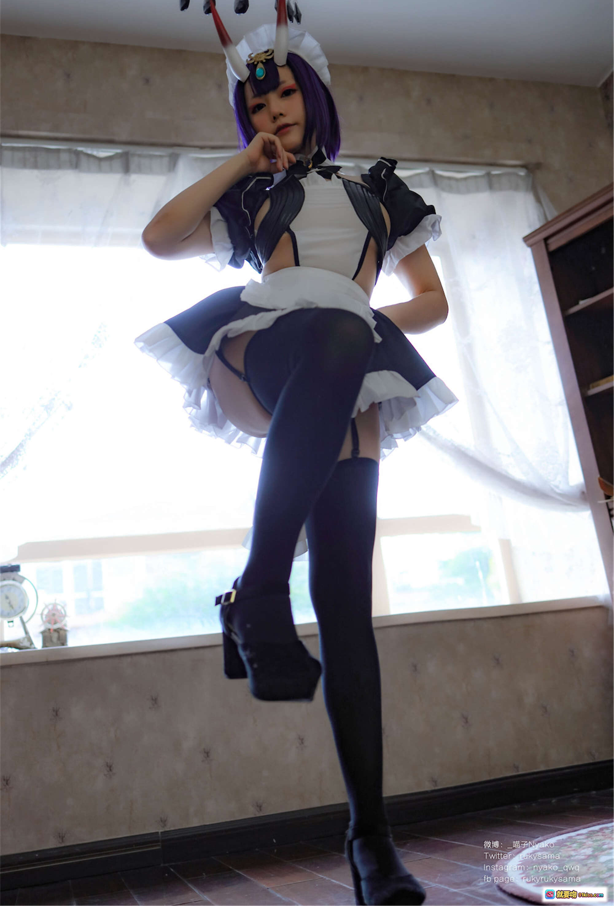 图片[1] - Nyako喵子酒吞童子女仆Cosplay写真 | 紫发女仆装+黑丝长腿+可爱头饰 | 42P高清图集 - 就要吻