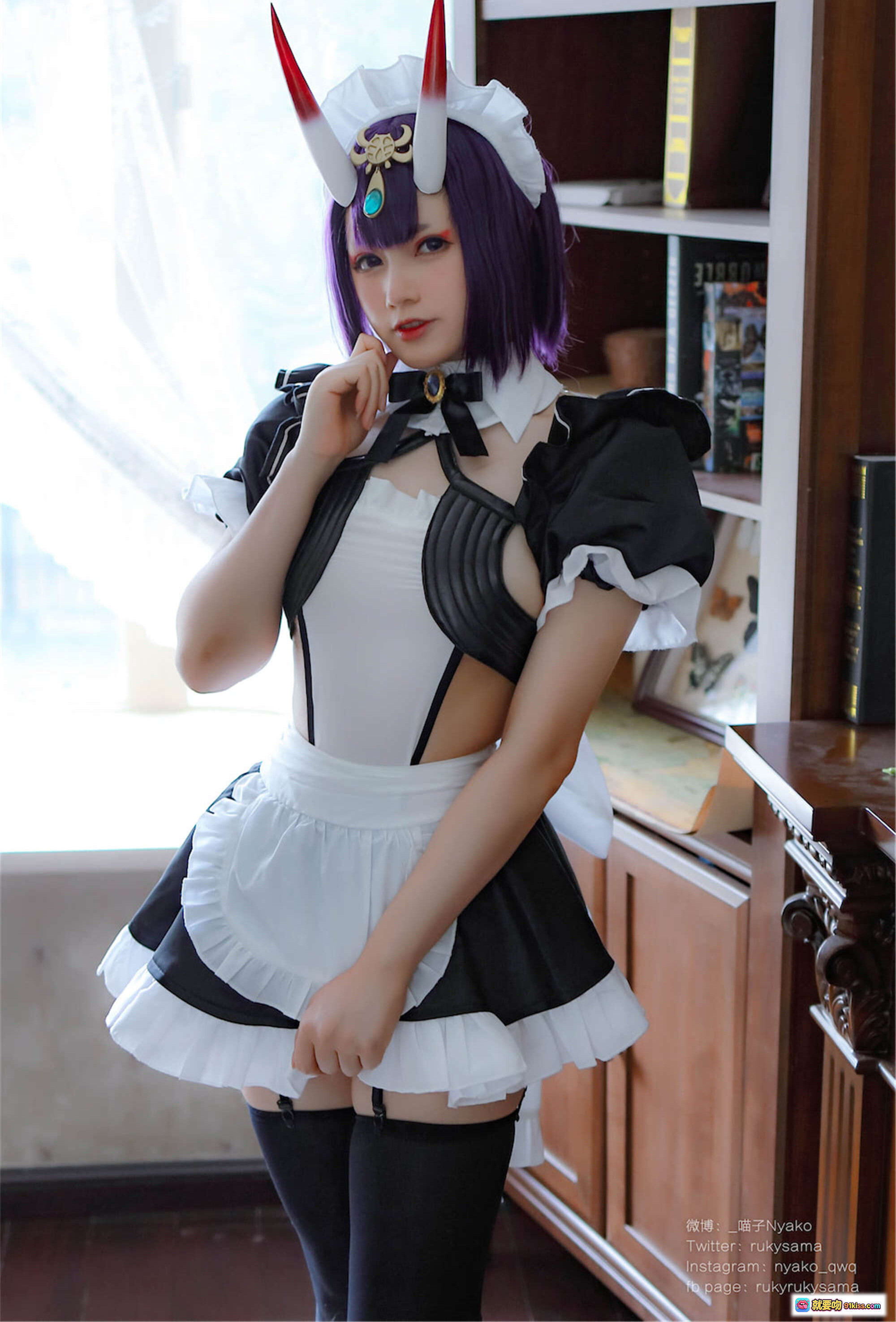 图片[2] - Nyako喵子酒吞童子女仆Cosplay写真 | 紫发女仆装+黑丝长腿+可爱头饰 | 42P高清图集 - 就要吻