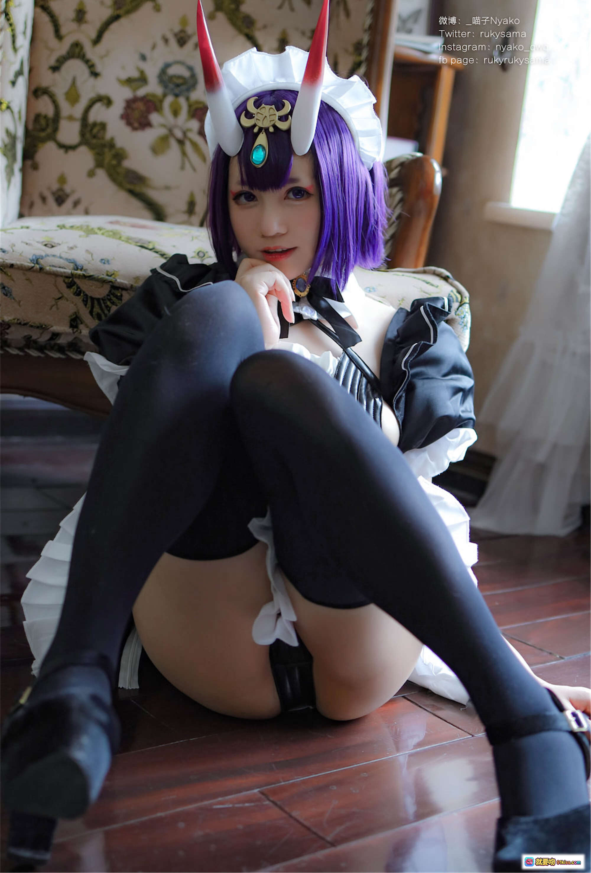 图片[6] - Nyako喵子酒吞童子女仆Cosplay写真 | 紫发女仆装+黑丝长腿+可爱头饰 | 42P高清图集 - 就要吻