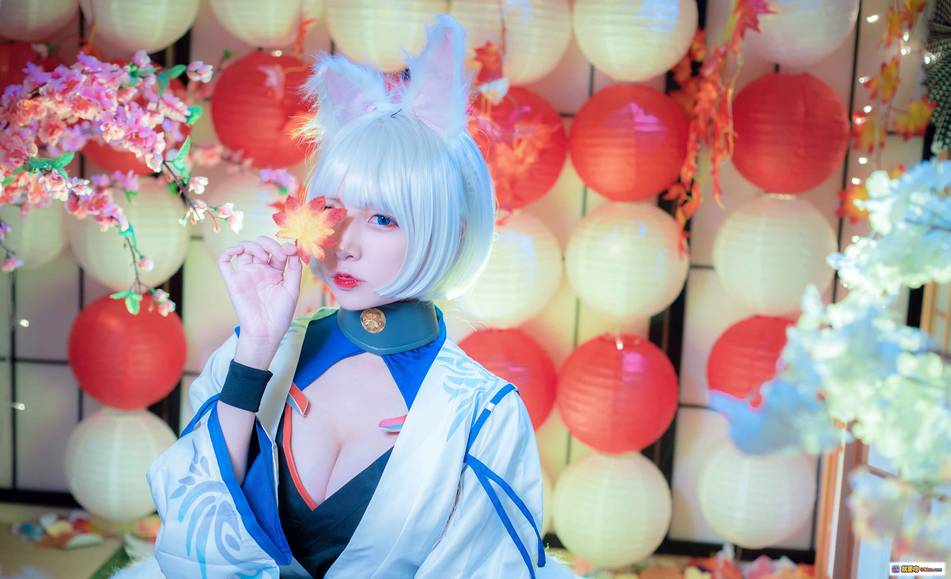 图片[5] - 二佐Nisa NO.067 碧蓝航线 加贺 Cosplay 美腿 白丝 蓝裙 和风面具 坐姿写真 40P 252MB - 就要吻