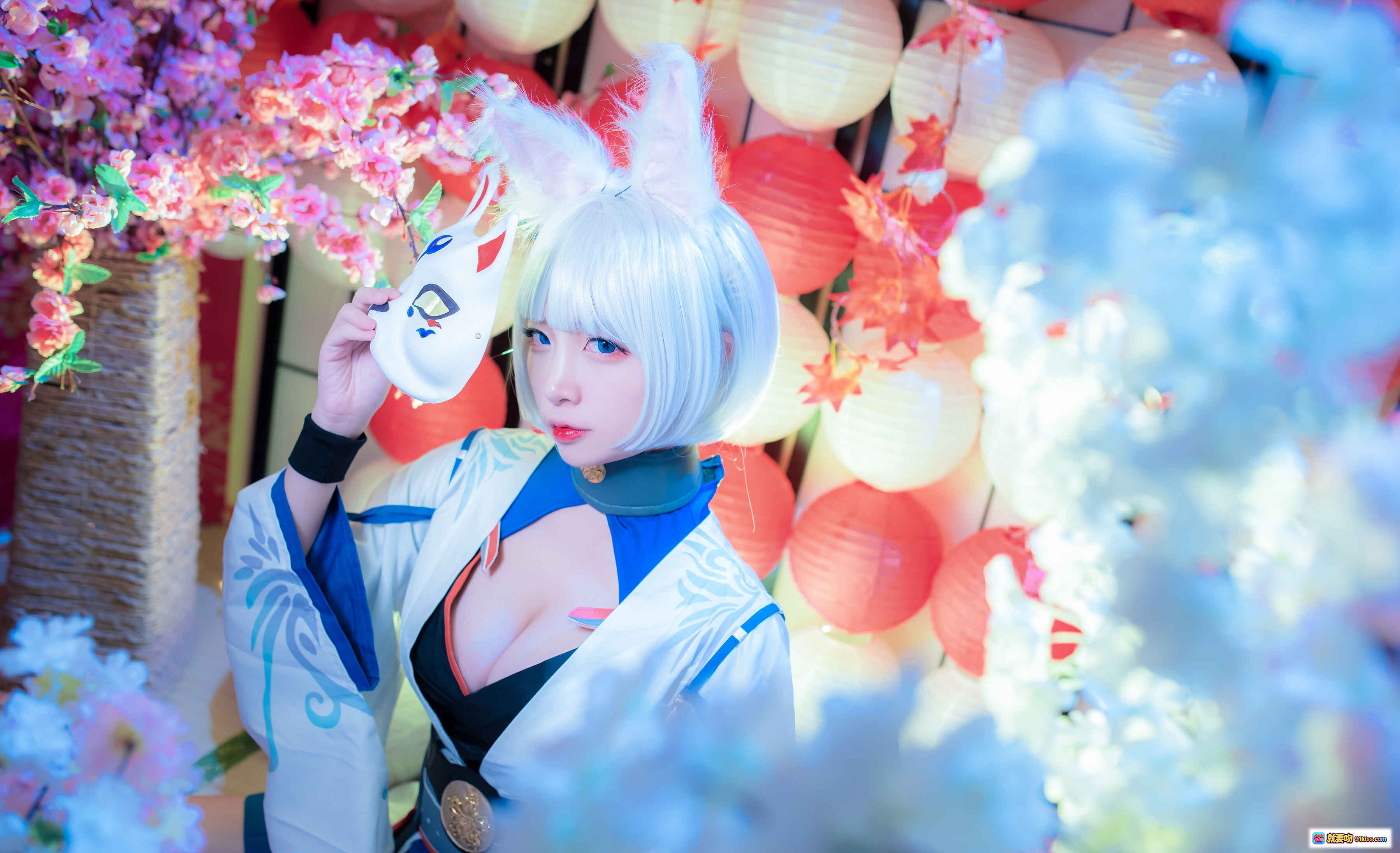 图片[7] - 二佐Nisa NO.067 碧蓝航线 加贺 Cosplay 美腿 白丝 蓝裙 和风面具 坐姿写真 40P 252MB - 就要吻